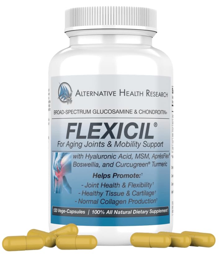 Flexicil par Alternative Health Research LLC : bouteille et étiquette, signe de qualité pour les articulations.