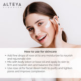 Alteya Organics Rose: texture légère, parfum durable sur peau et diffuseur.
