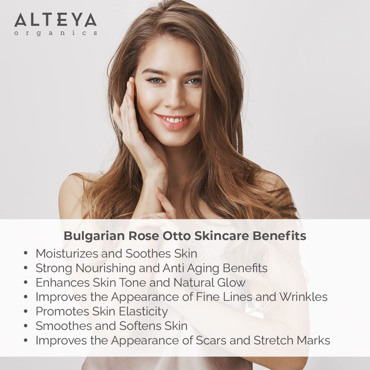 Alteya Organics Rose: flacon en verre sombre, protection contre la lumière.