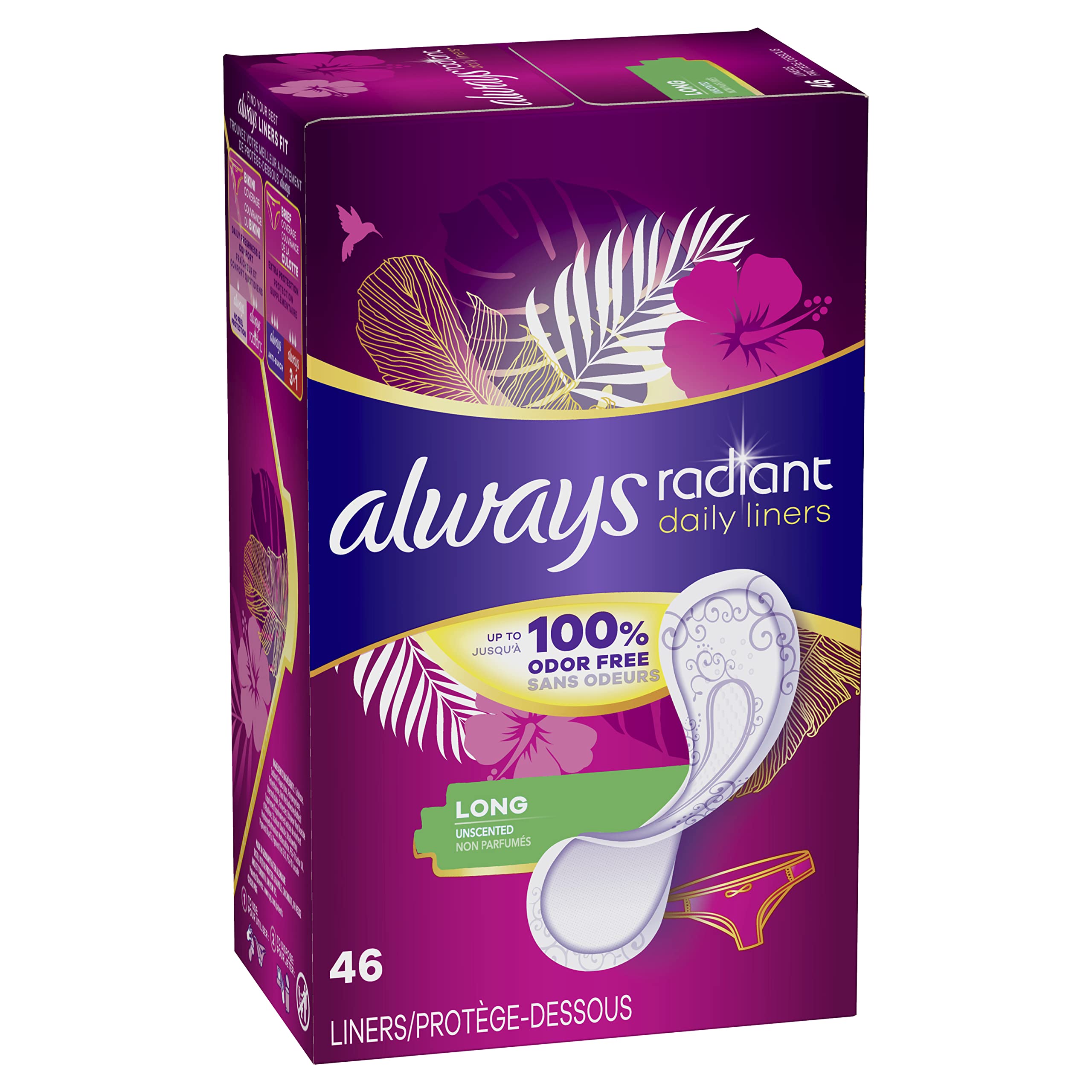 Always Radiant Daily Liners assure une couverture bikini discrète et confortable.
