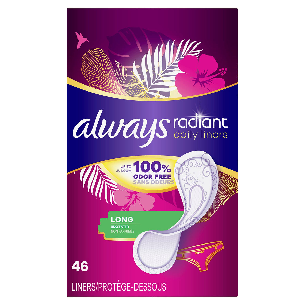 Always Radiant Daily Liners offre une protection anti-odeur pour la journée.
