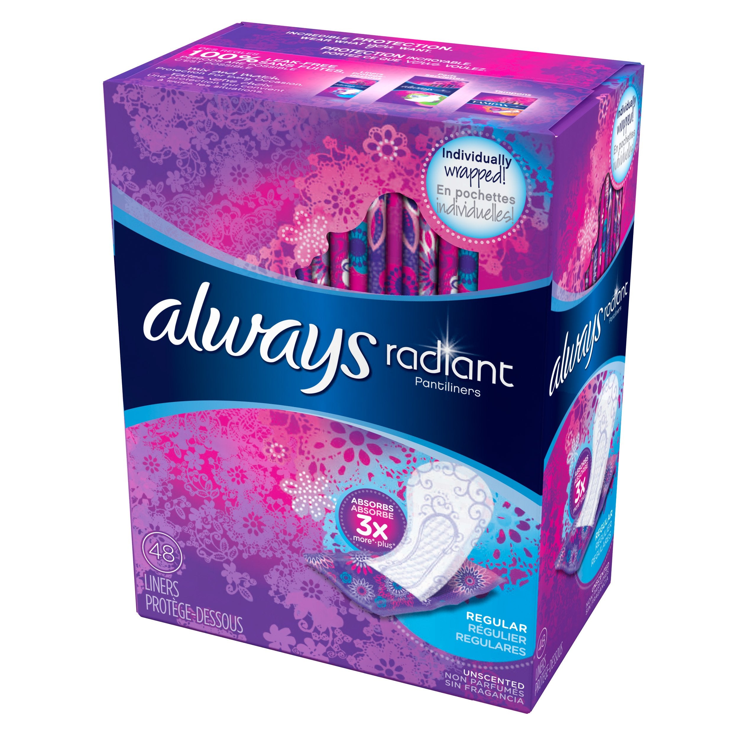 Always Radiant Liners adhésif bord à bord assure un maintien fiable tout au long de la journée.
