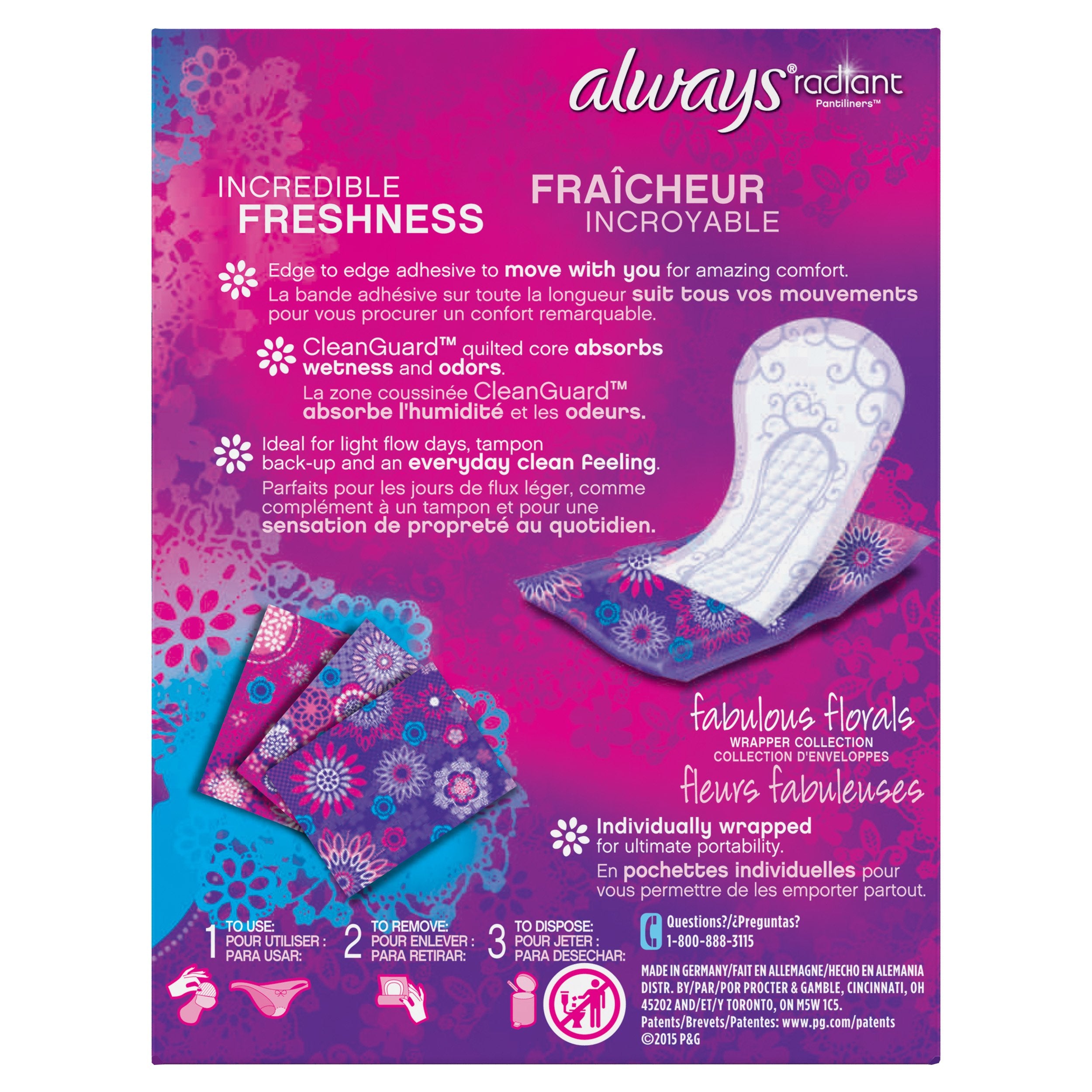 Always Radiant Liners, cœur matelassé, absorption et fraîcheur au quotidien.