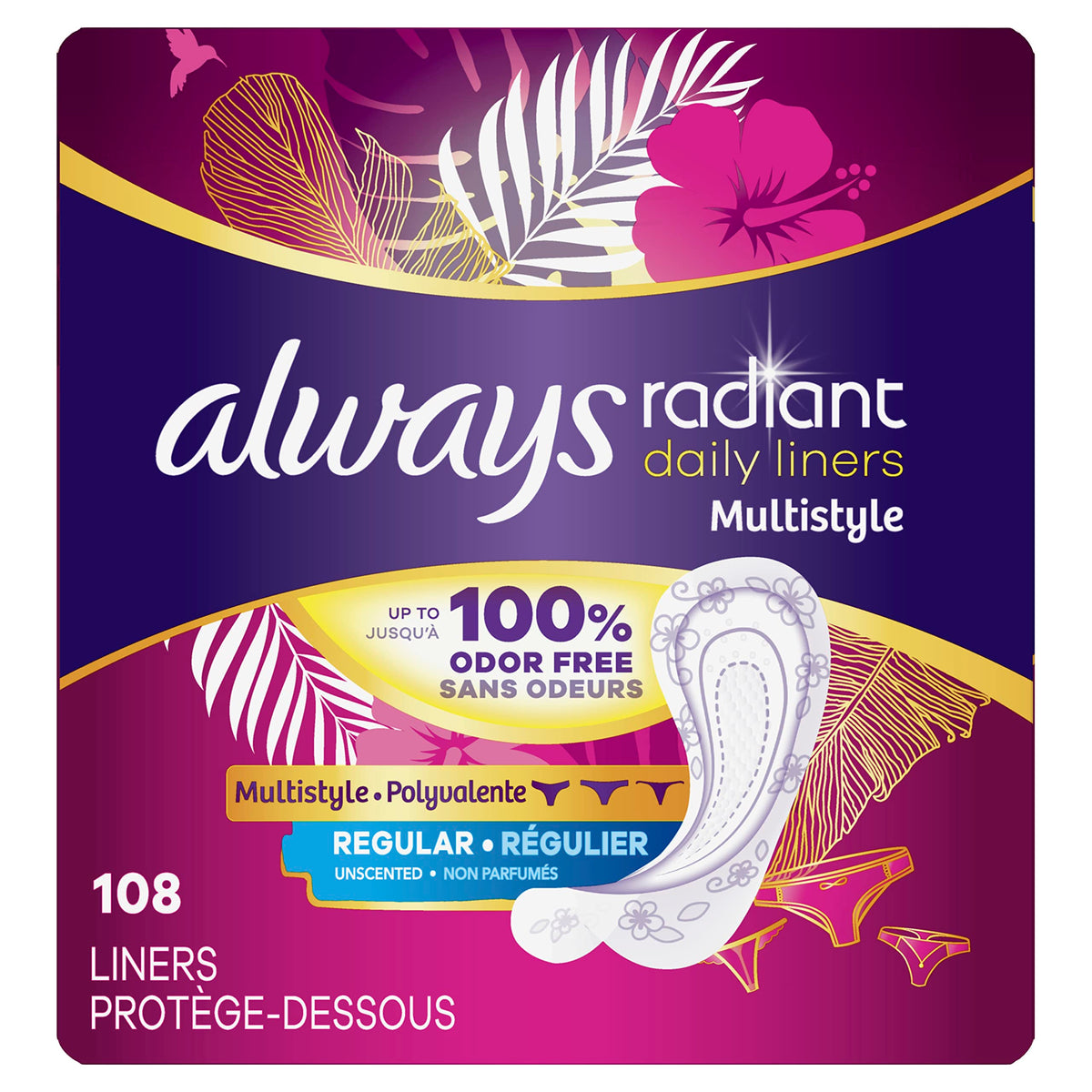 Always Radiant protège-slips emballage principal clairement présenté pour usage quotidien.