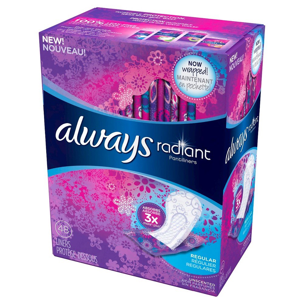 Always Radiant Liners aperçu de l'emballage pour protection discrète en déplacement.