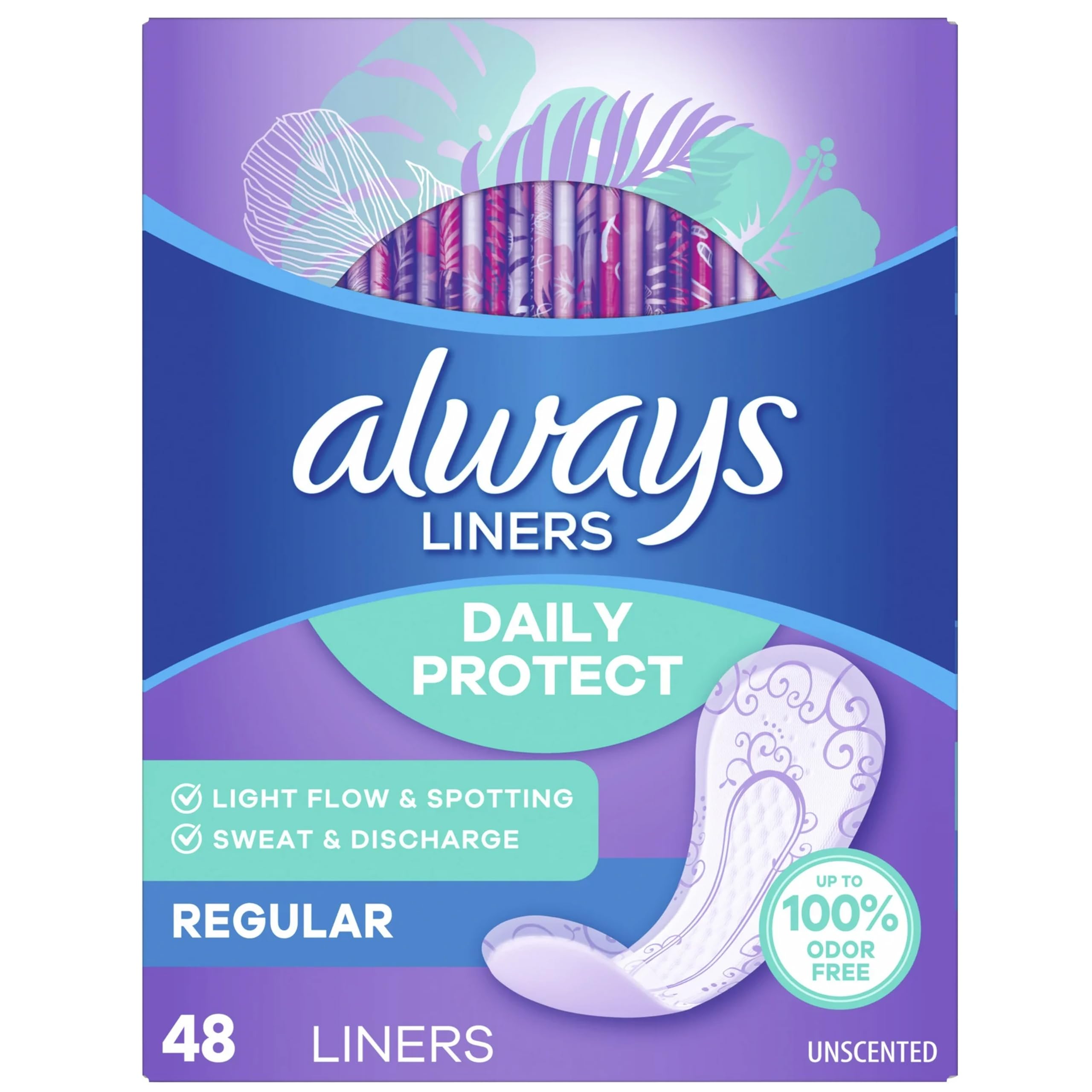 Always Radiant pantiliner régulier sans parfum, packaging double pratique pour la semaine.