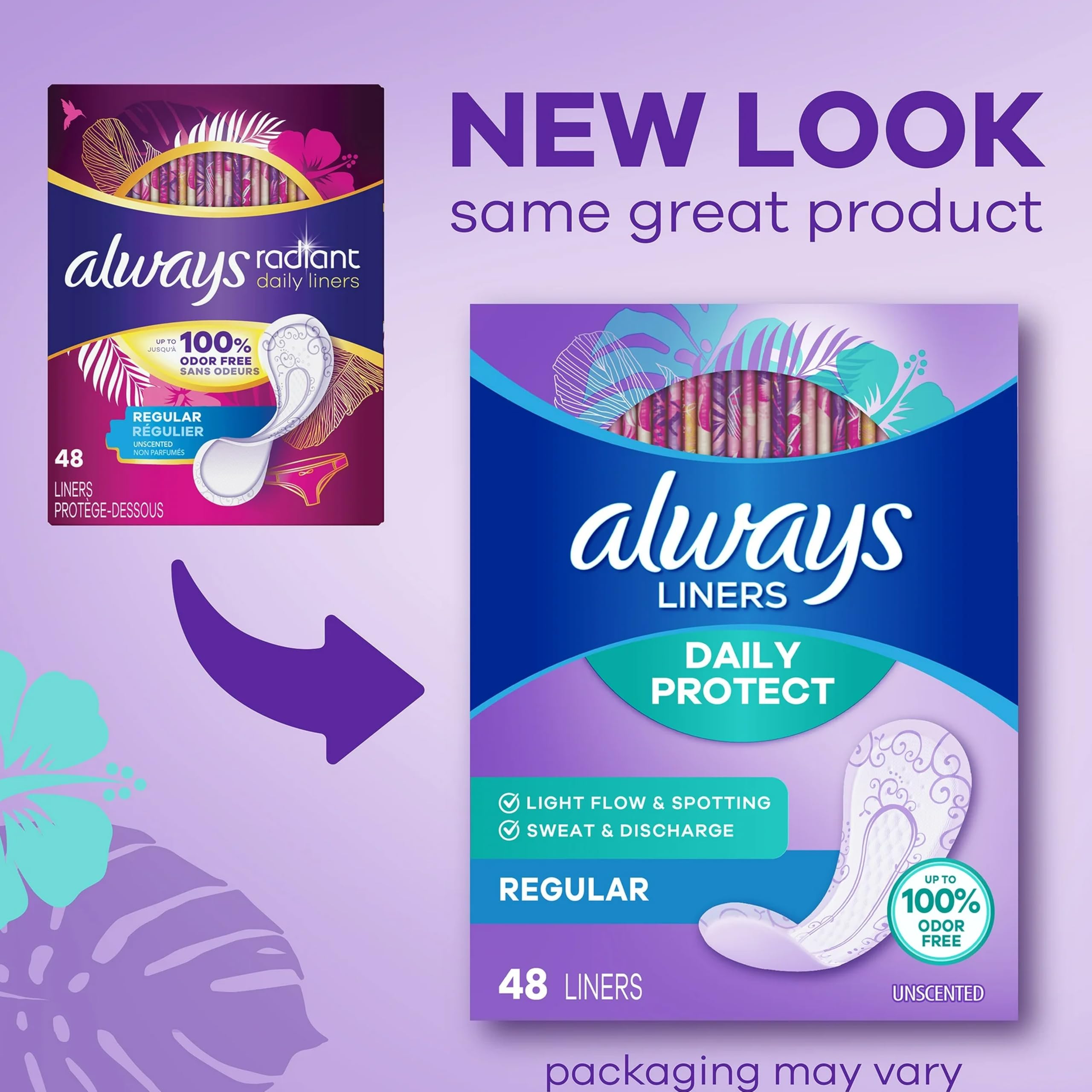 Always Radiant pantiliner sans parfum, format régulier, usage quotidien discret et confortable.