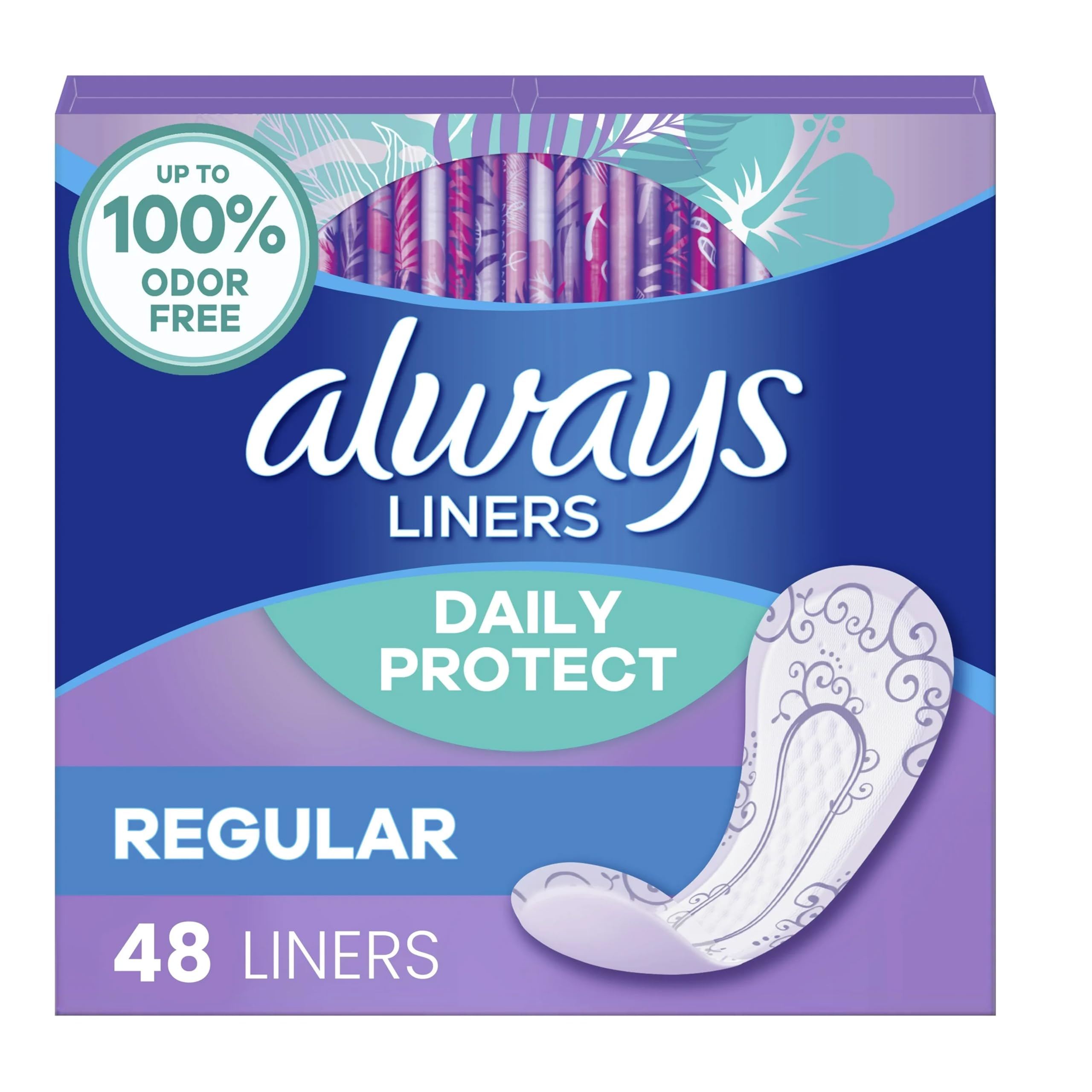 Always Radiant pantiliner régulier sans parfum, hygiène fiable et discrétion assurée.