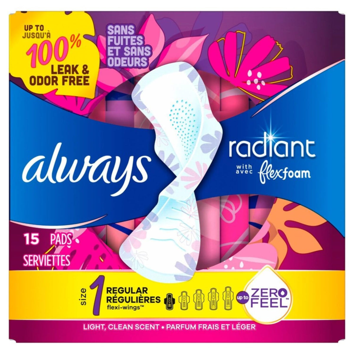 Always Radiant protections hygiéniques avec ailes parfumées – emballage élégant pour votre journée