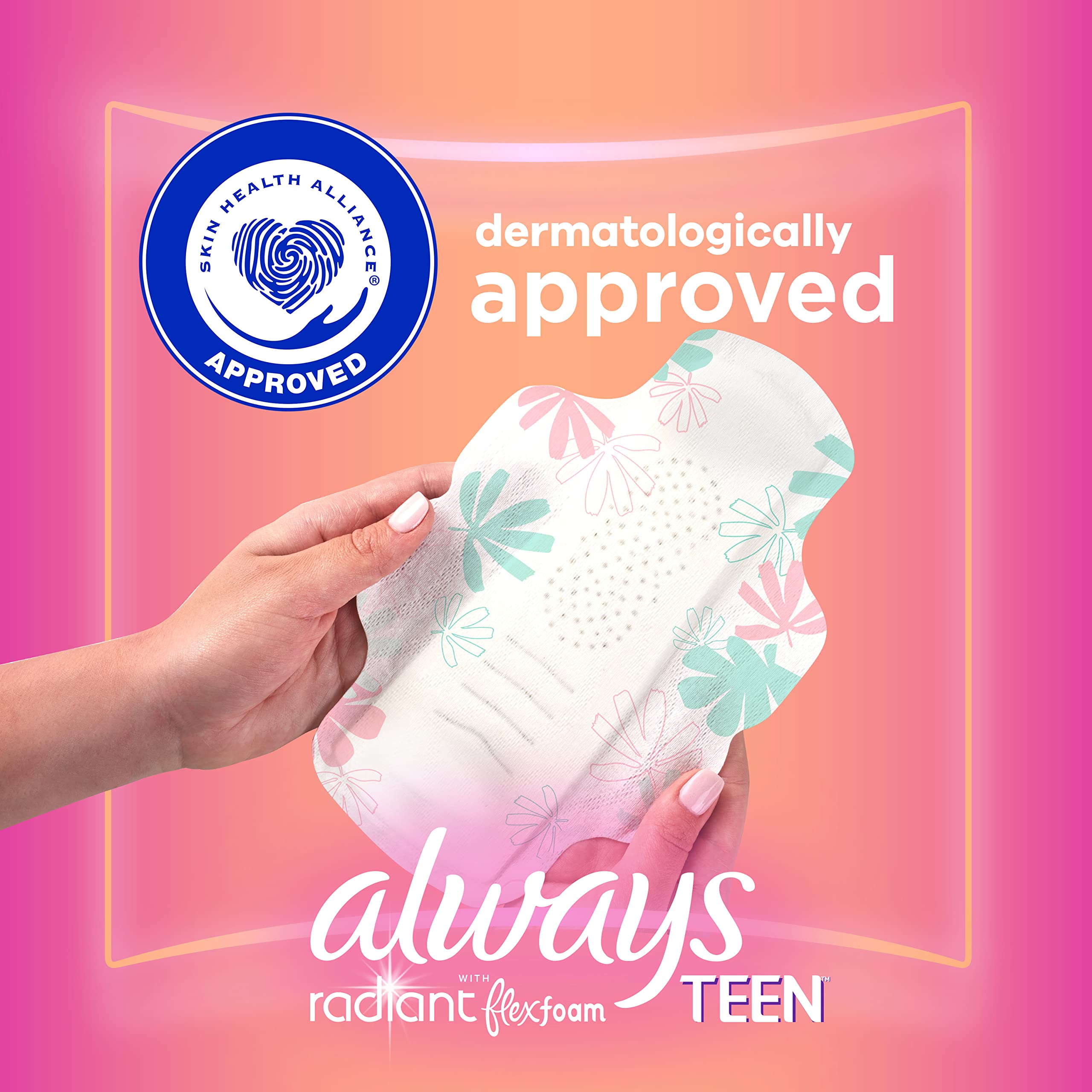 Always Radiant Teen Pads avec ailes qui restent en place toute la journée.