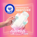 Always Radiant Teen Pads avec ailes qui restent en place toute la journée.