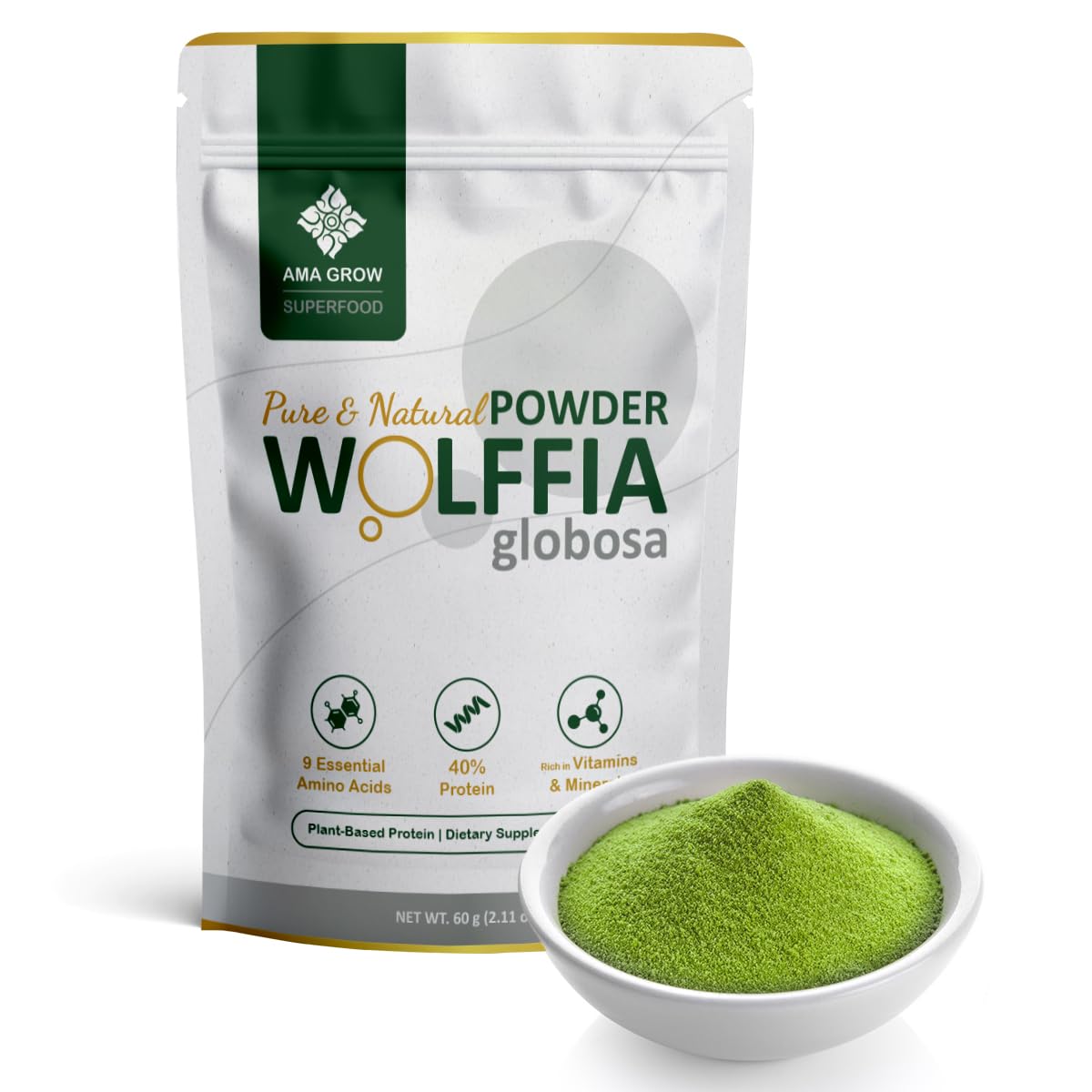 AMA GROW Wolffia séchée dans sa boîte, riche en protéines pour vos repas.