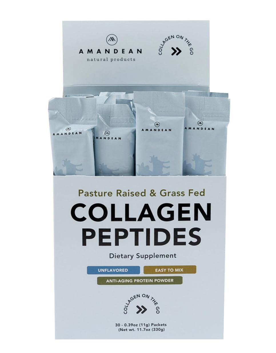 AMANDEAN Collagène, sachets individuels pratiques pour voyage et bureau.