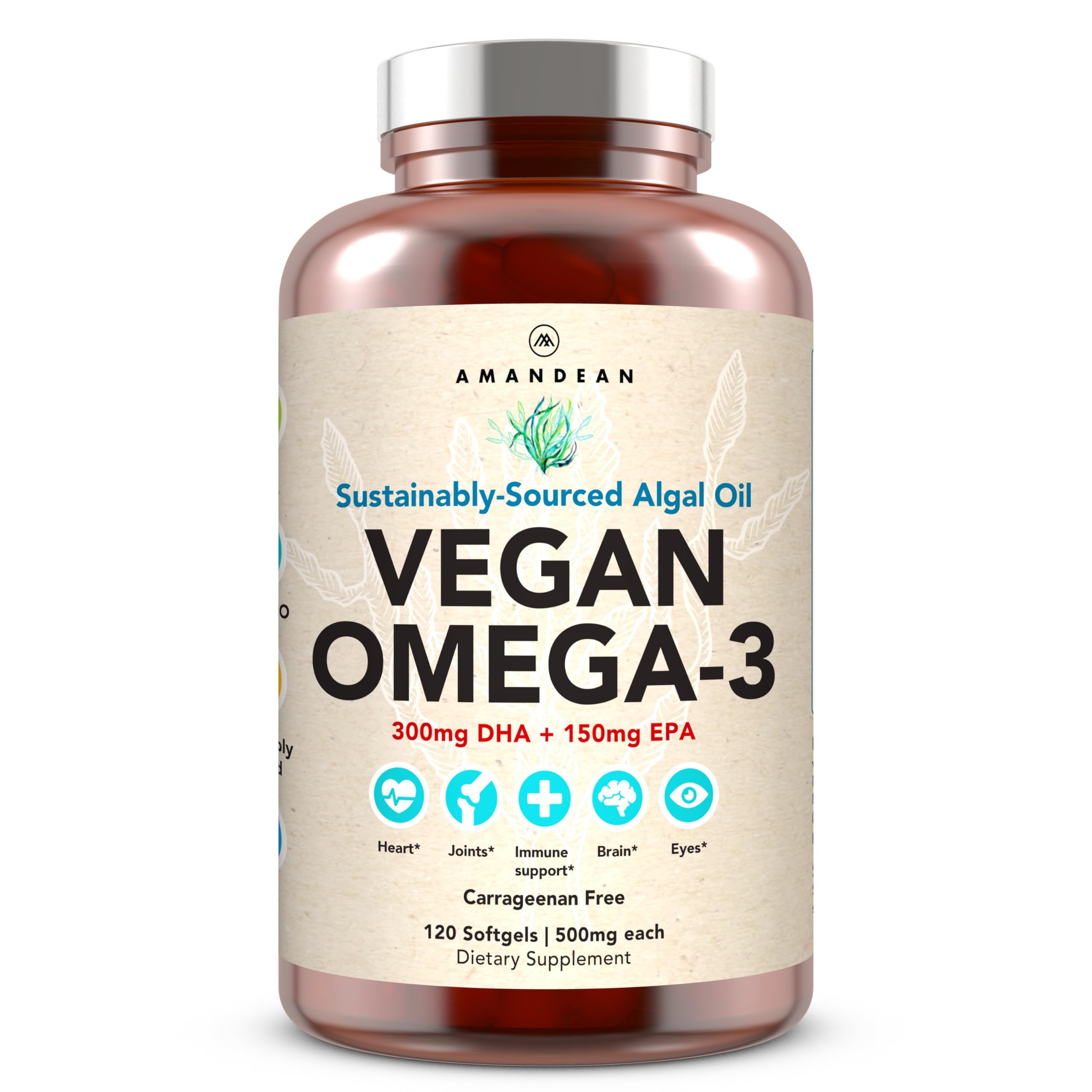 AMANDEAN Vegan Omega-3, gélules en bouteille, source végétale pratique pour l'équilibre quotidien.