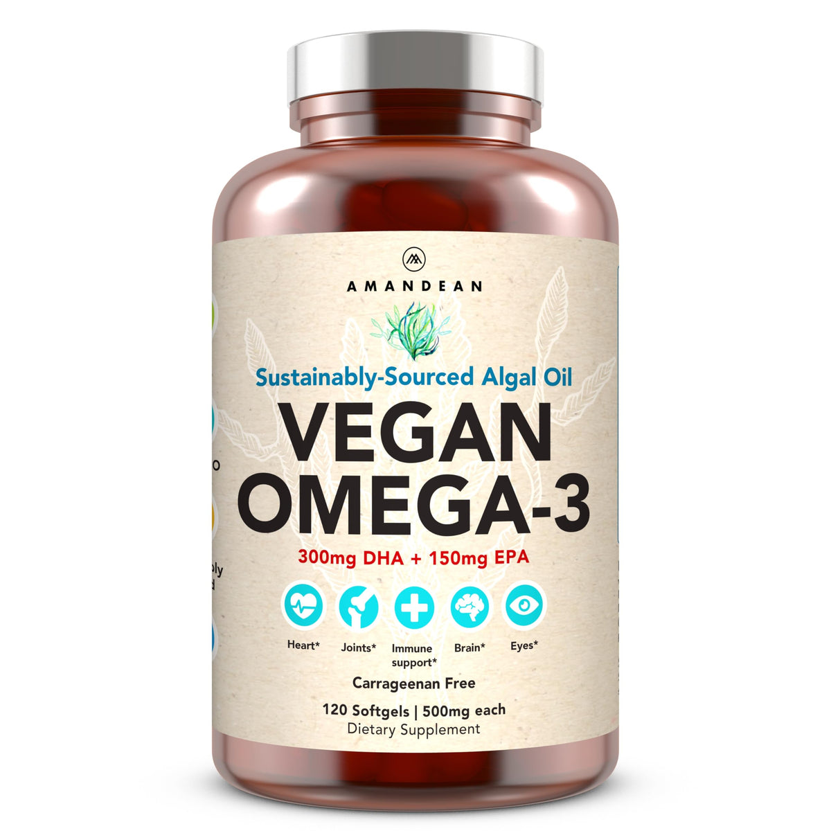 AMANDEAN Vegan Omega-3, gélules en bouteille, source végétale pratique pour l'équilibre quotidien.