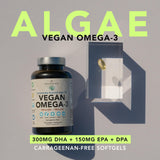 AMANDEAN Vegan Omega-3, gros plan sur les capsules molles et leur format pratique.