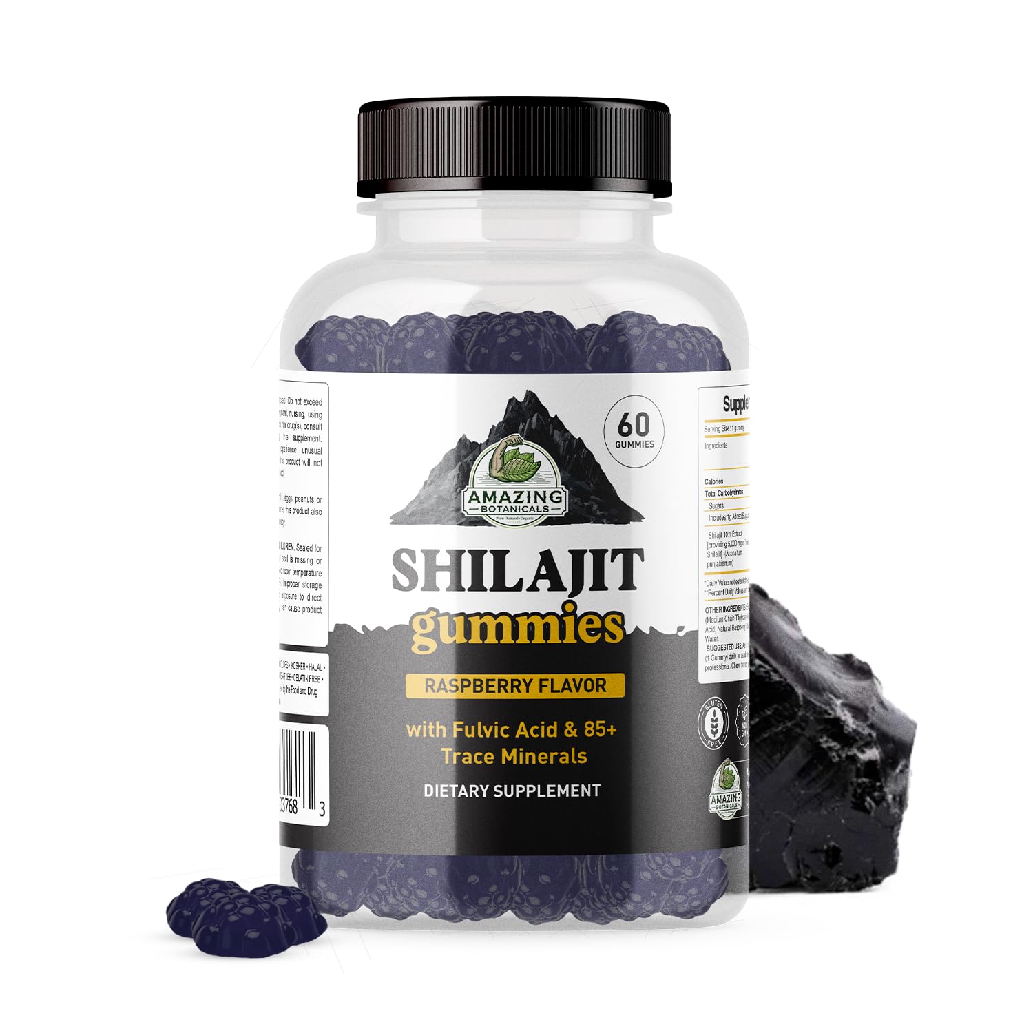 Gommes Shilajit Amazing Botanicals dans leur emballage, présentation naturelle.