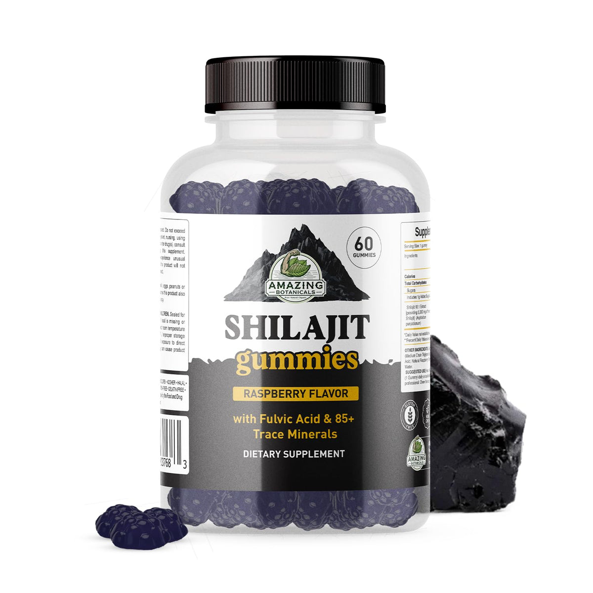 Gommes Shilajit Amazing Botanicals dans leur emballage, présentation naturelle.