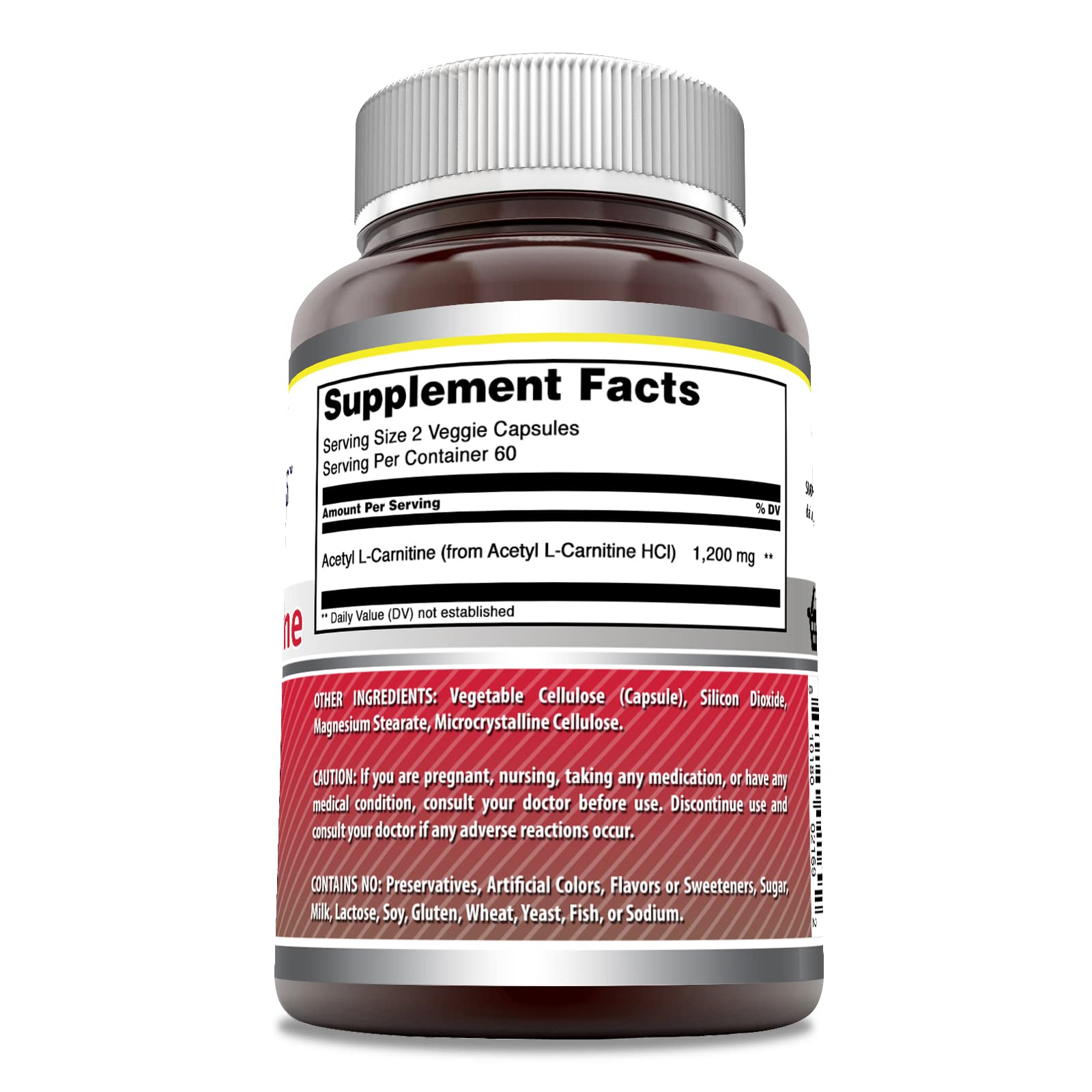 Amazing Formulas Acétyl L-Carnitine 1200 mg, capsules végétariennes en gros plan, usage quotidien possible.