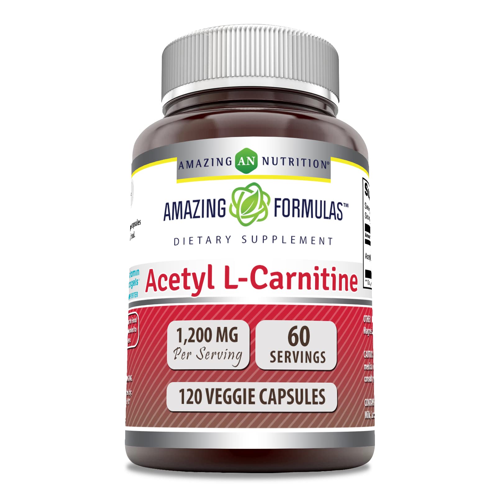 Amazing Formulas Acétyl L-Carnitine 1200 mg, emballage et capsules végétariennes, potentiel soutien énergétique.