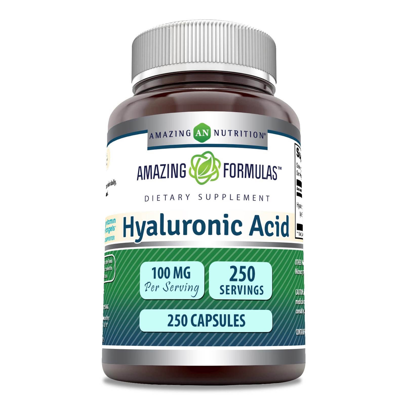Amazing Formulas acide hyaluronique 100 mg flacon et 250 gélules pour hydratation cutanée