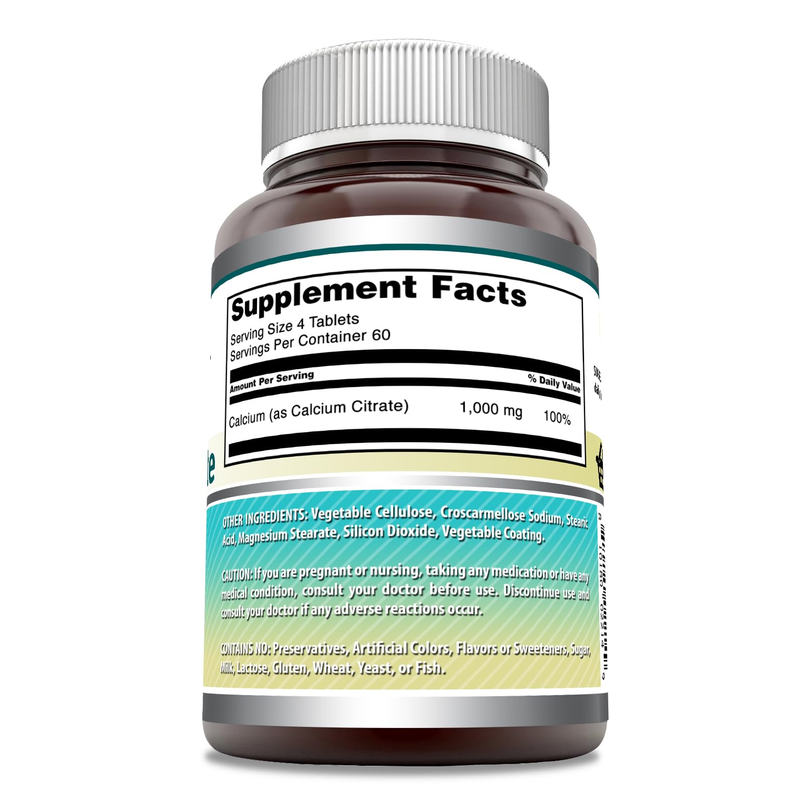 Amazing Formulas Calcium Citrate 1000 mg – comprimés par portion montrant la posologie.