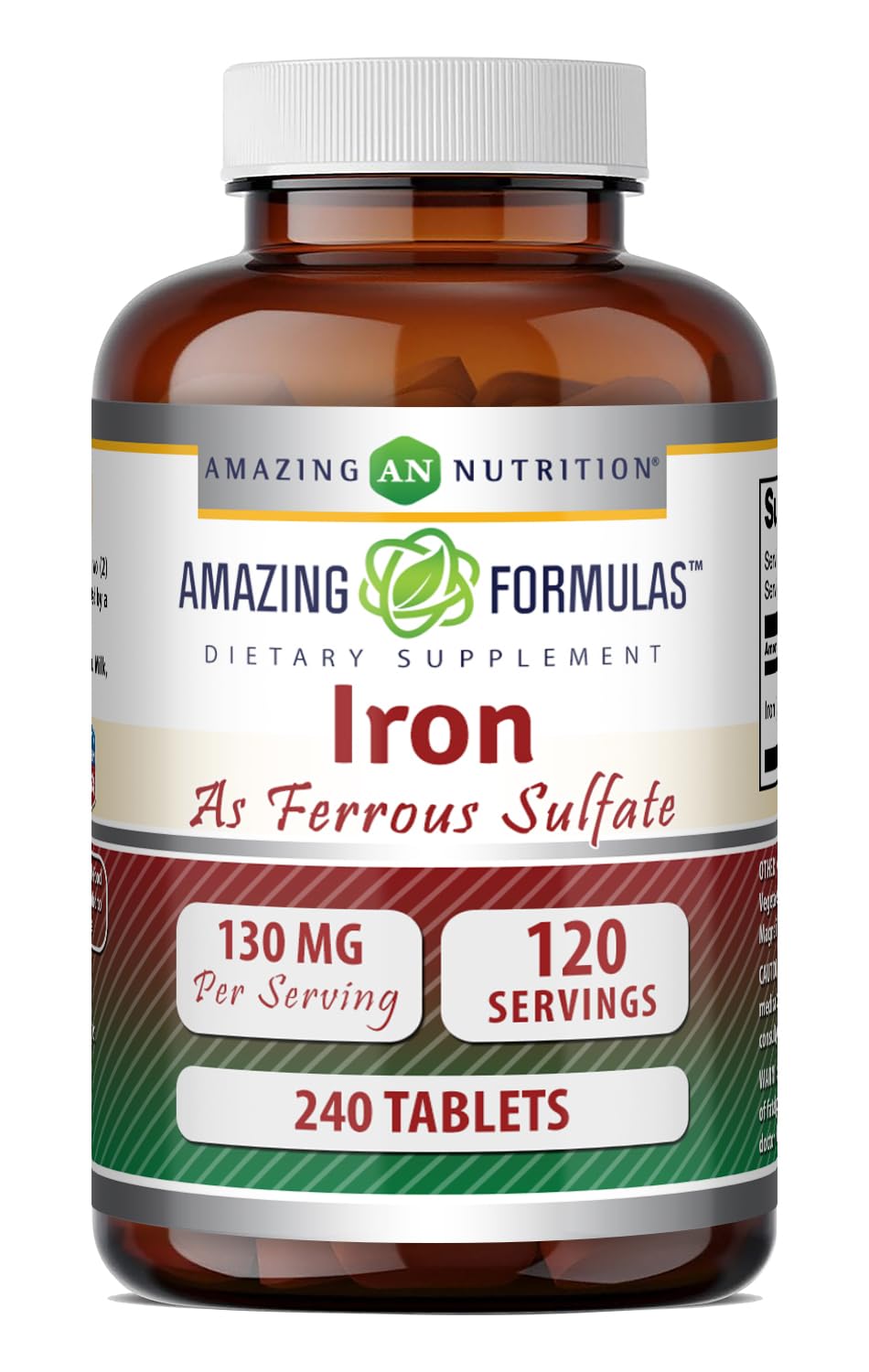 Amazing Formulas Fer Sulfate – boîte et flacon, apport journalier potentiel en fer