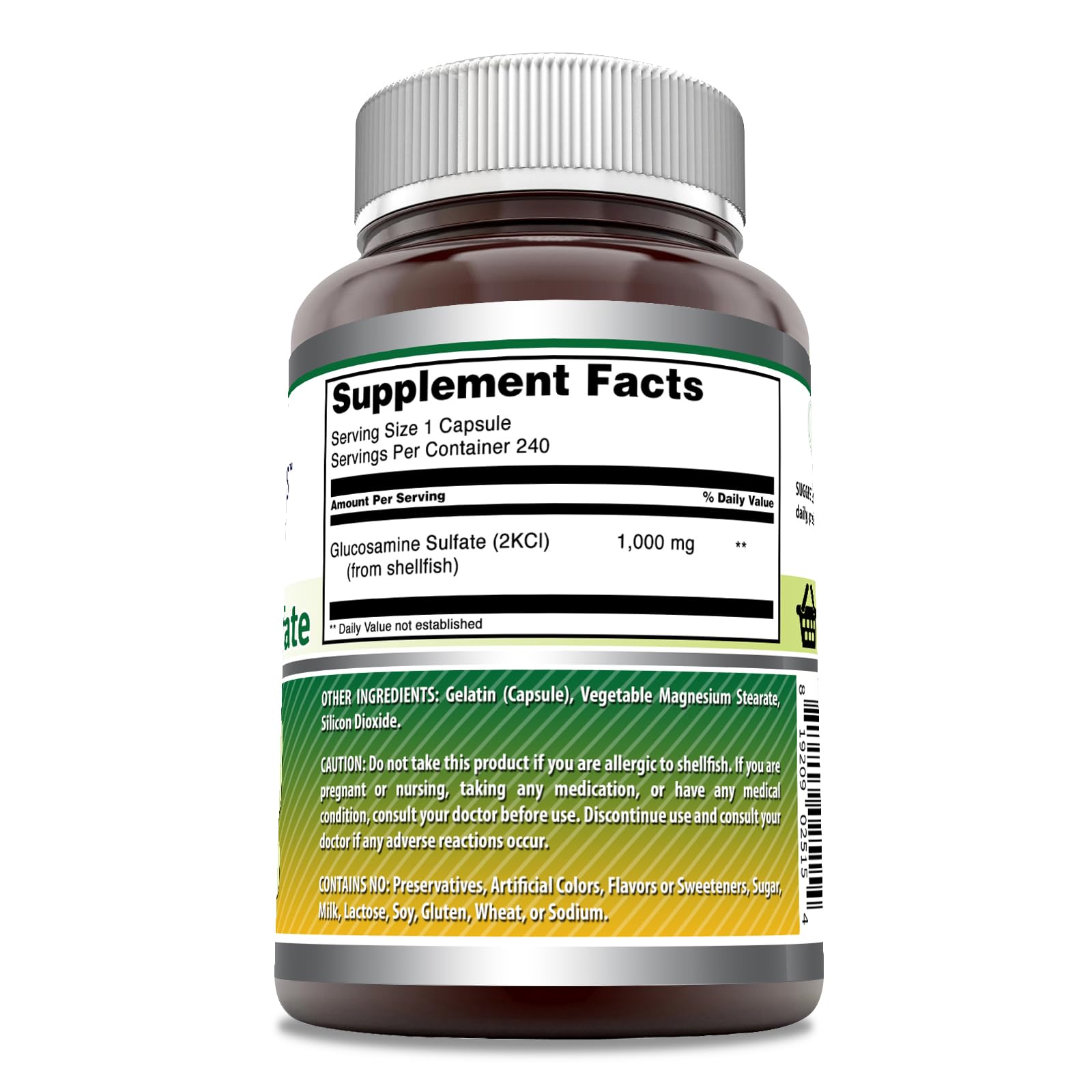 Amazing Formulas Glucosamine Sulfate 1000 mg, étiquette lisible, traçabilité et contrôle qualité.