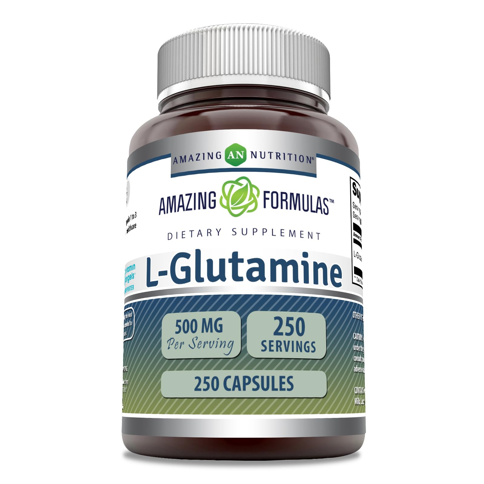 Amazing Formulas L-Glutamine 500 mg capsules – vue des capsules, soutien potentiel quotidien