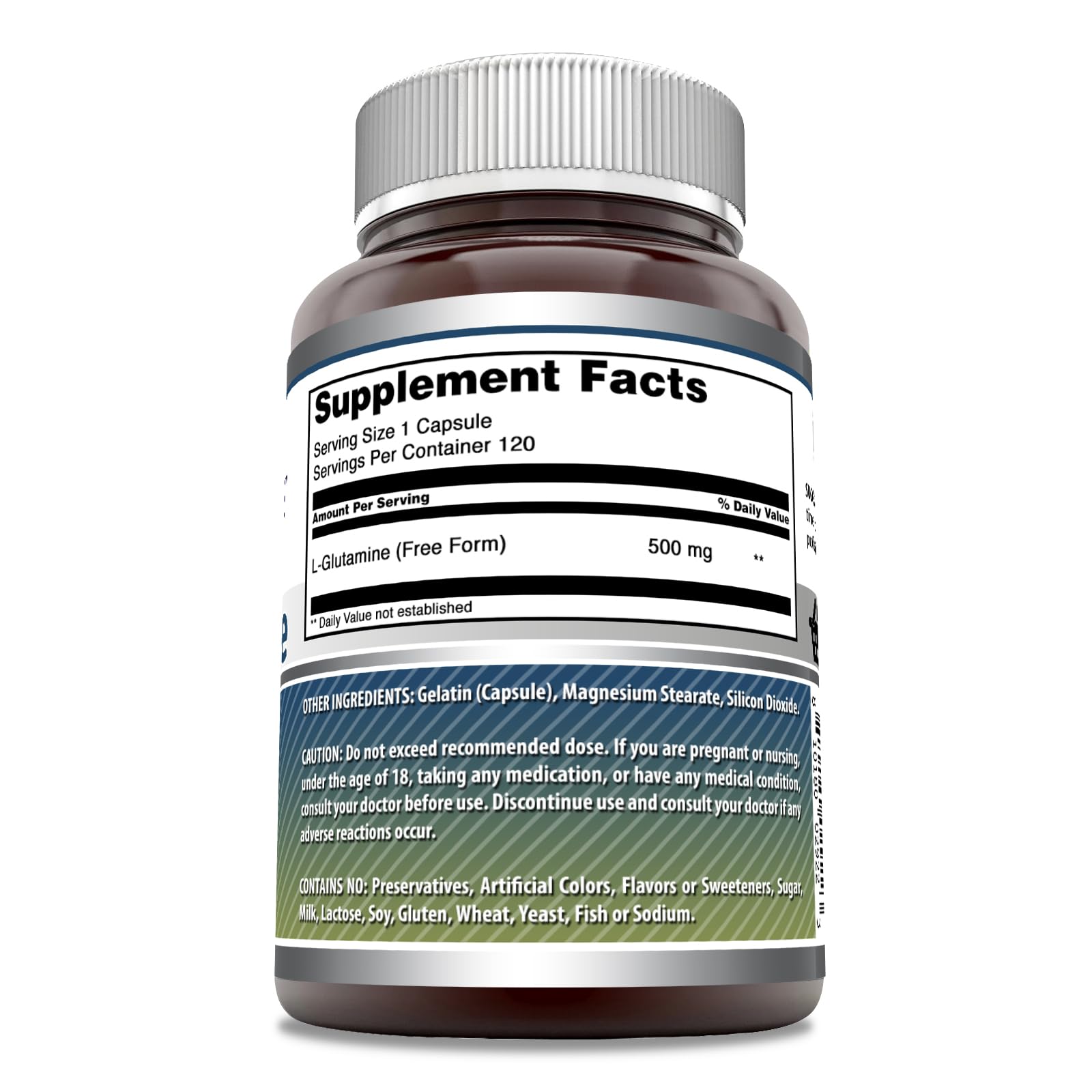 Profil du flacon d'Amazing Formulas L-Glutamine, format compact et transport facile.