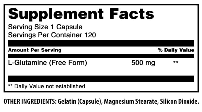 Étiquette et label d'Amazing Formulas L-Glutamine, informations claires et traçabilité.