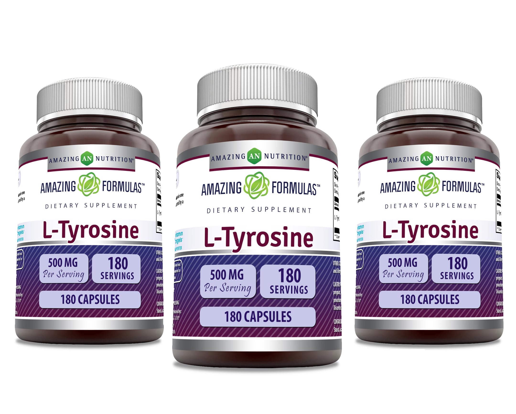 Capsules Amazing Formulas L-Tyrosine 500 mg sur bouteille, soutien potentiel de concentration.