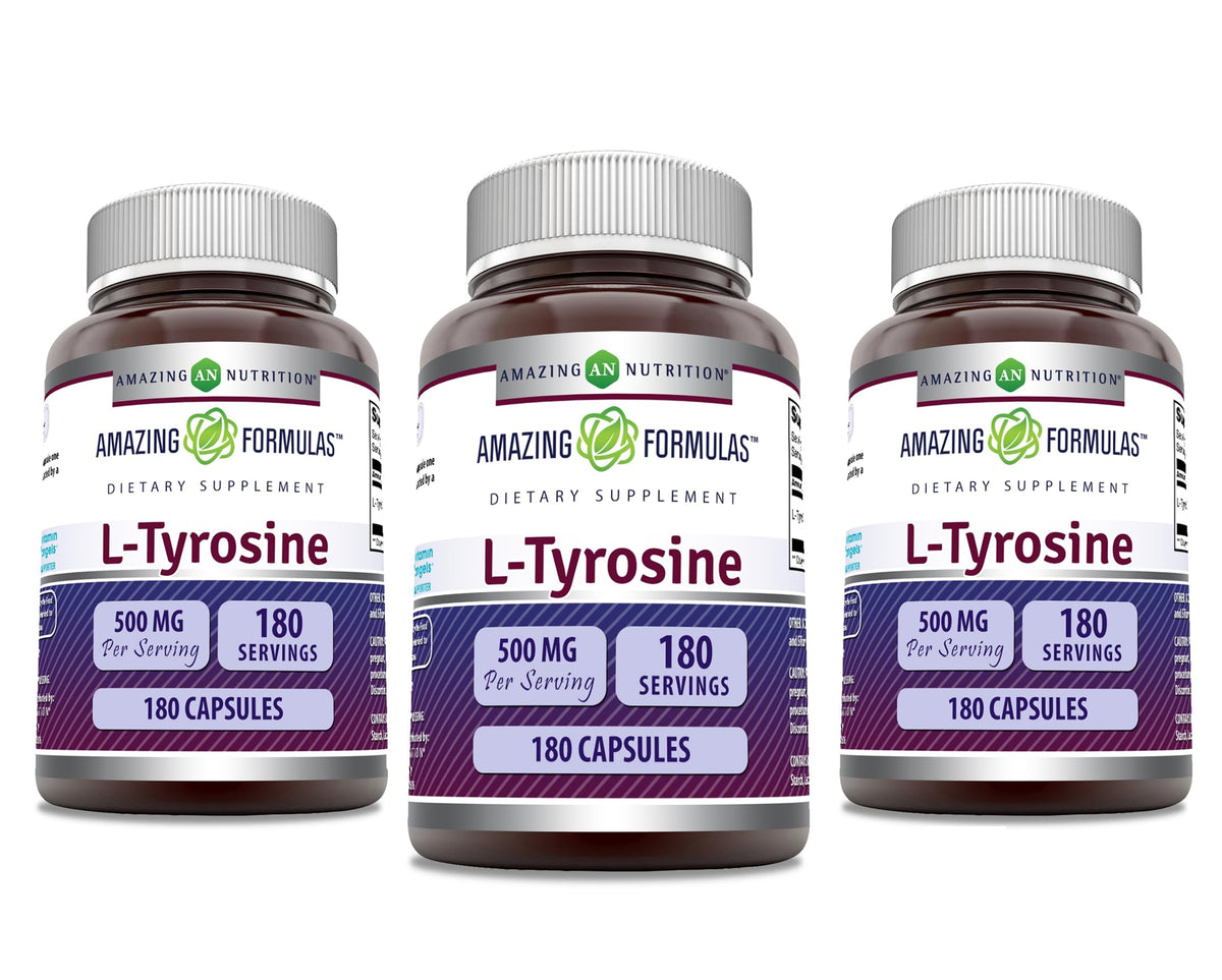 Capsules Amazing Formulas L-Tyrosine 500 mg sur bouteille, soutien potentiel de concentration.