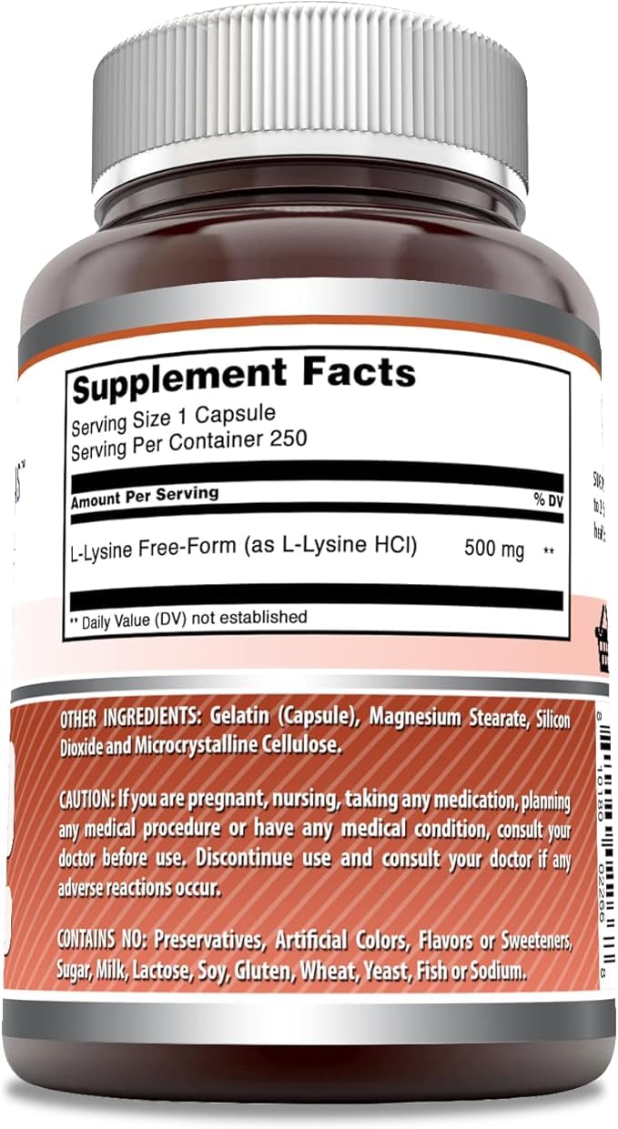 Bouteille Amazing Formulas L-Lysine 500 mg, bouchon sécurisé et dose simple.