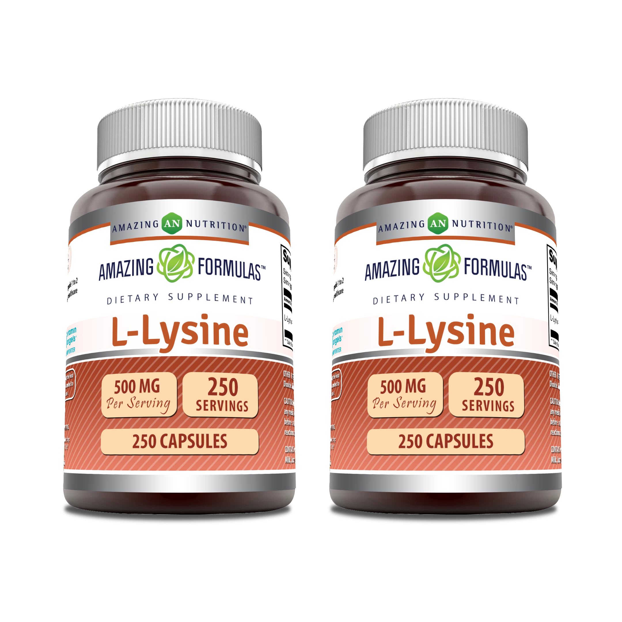 Capsules L-Lysine 500 mg Amazing Formulas sur flacon, complément quotidien pratique.