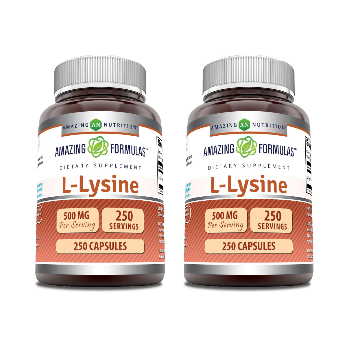 Capsules L-Lysine 500 mg Amazing Formulas sur flacon, complément quotidien pratique.