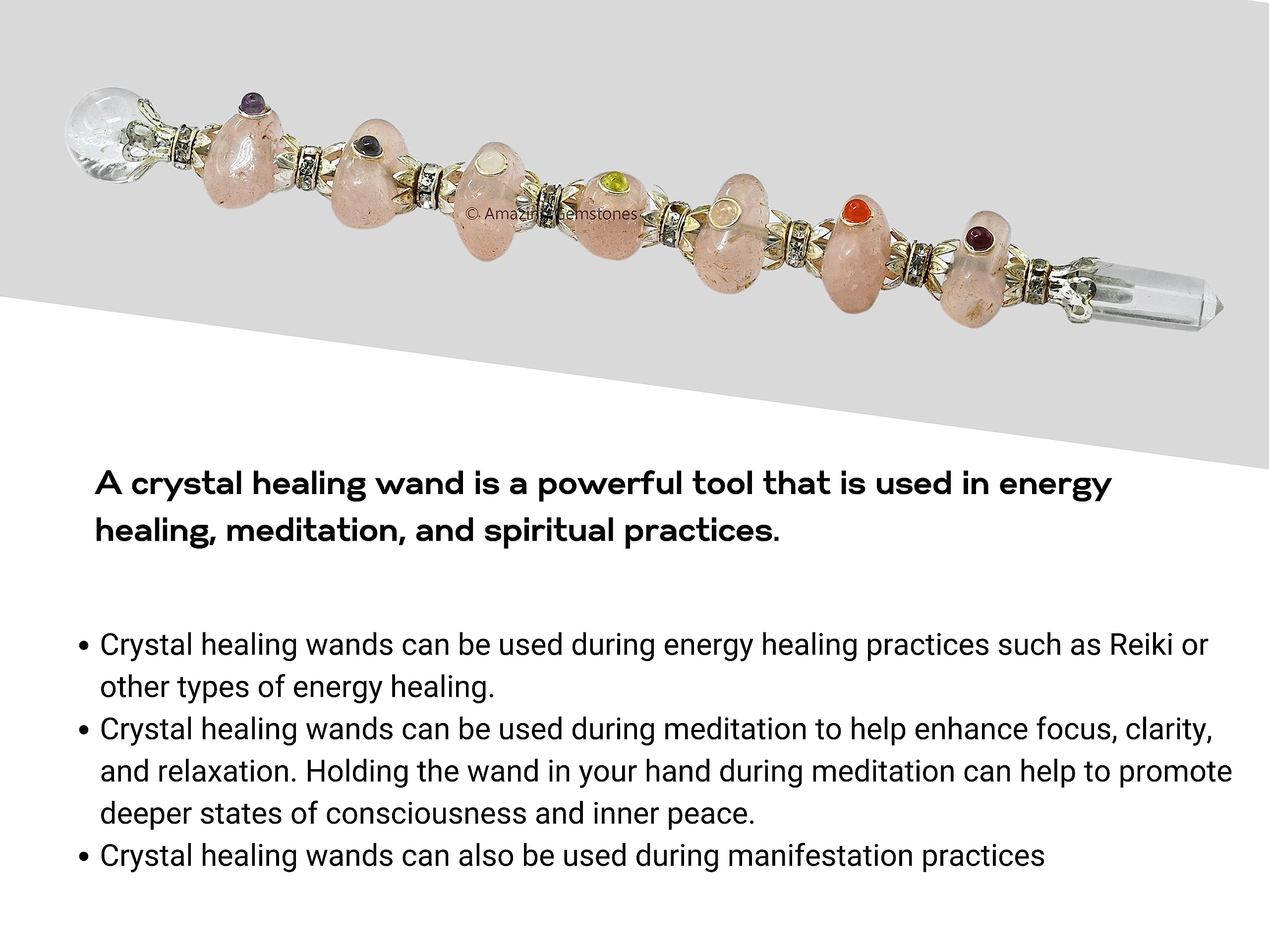 Bâton Amazing Gemstone en quartz rose, outil artisanal et durable pour exploiter l'énergie.