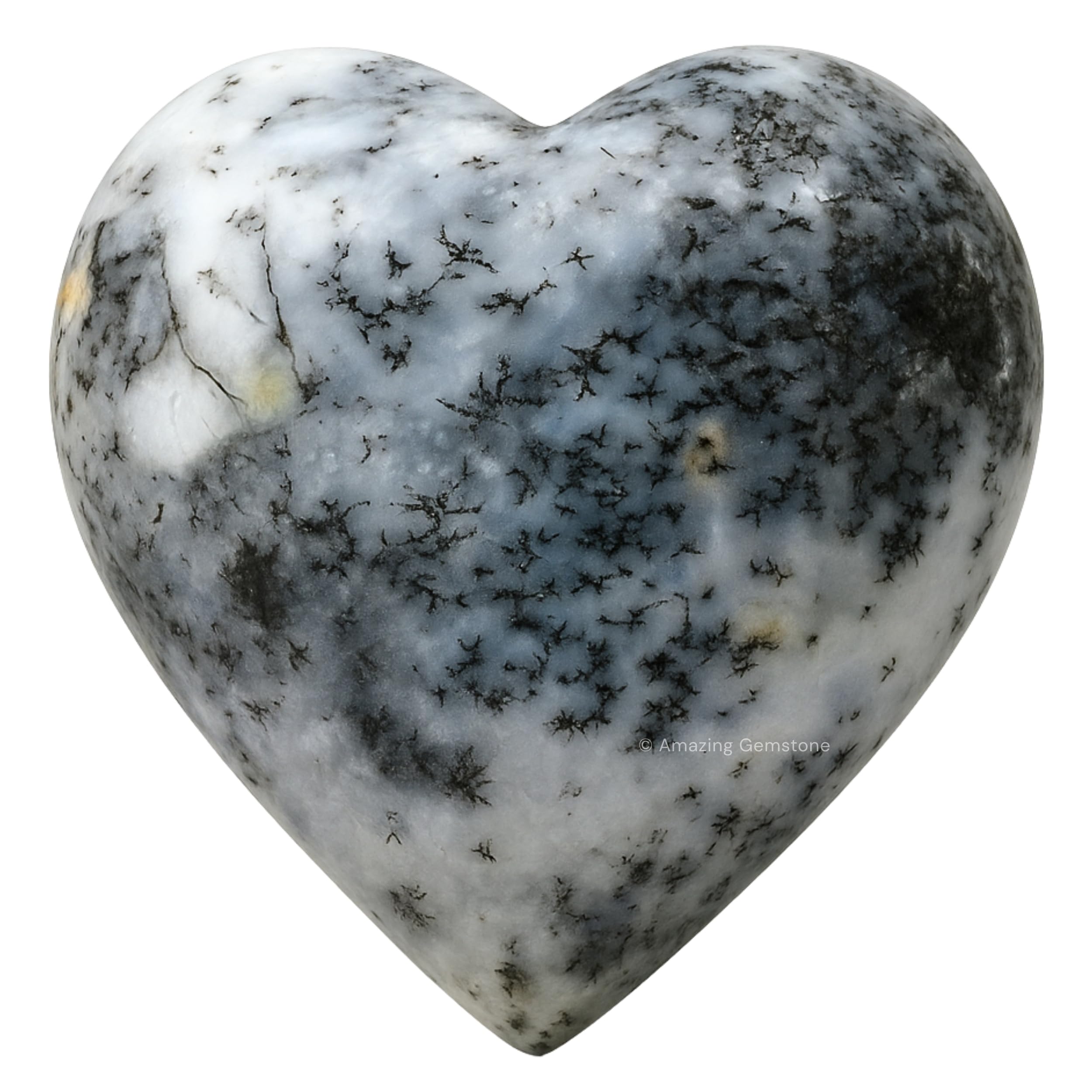 Amazing Gemstone – cœur opale dendritique sur pierre-paume pour massage apaisant et équilibre des chakras.
