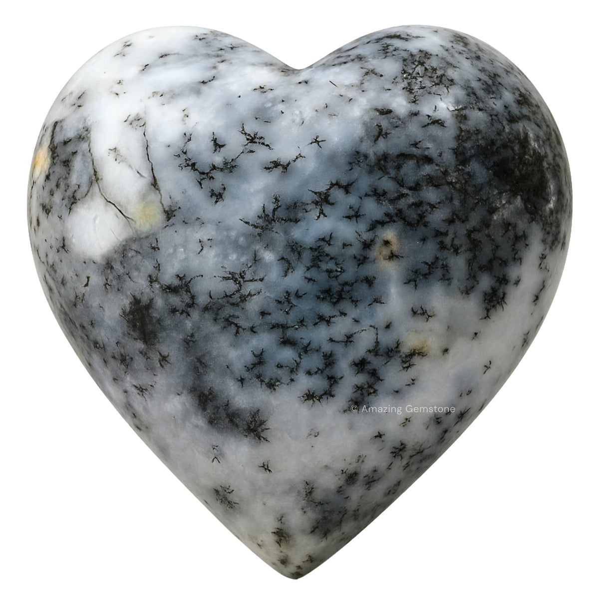 Amazing Gemstone – cœur opale dendritique sur pierre-paume pour massage apaisant et équilibre des chakras.