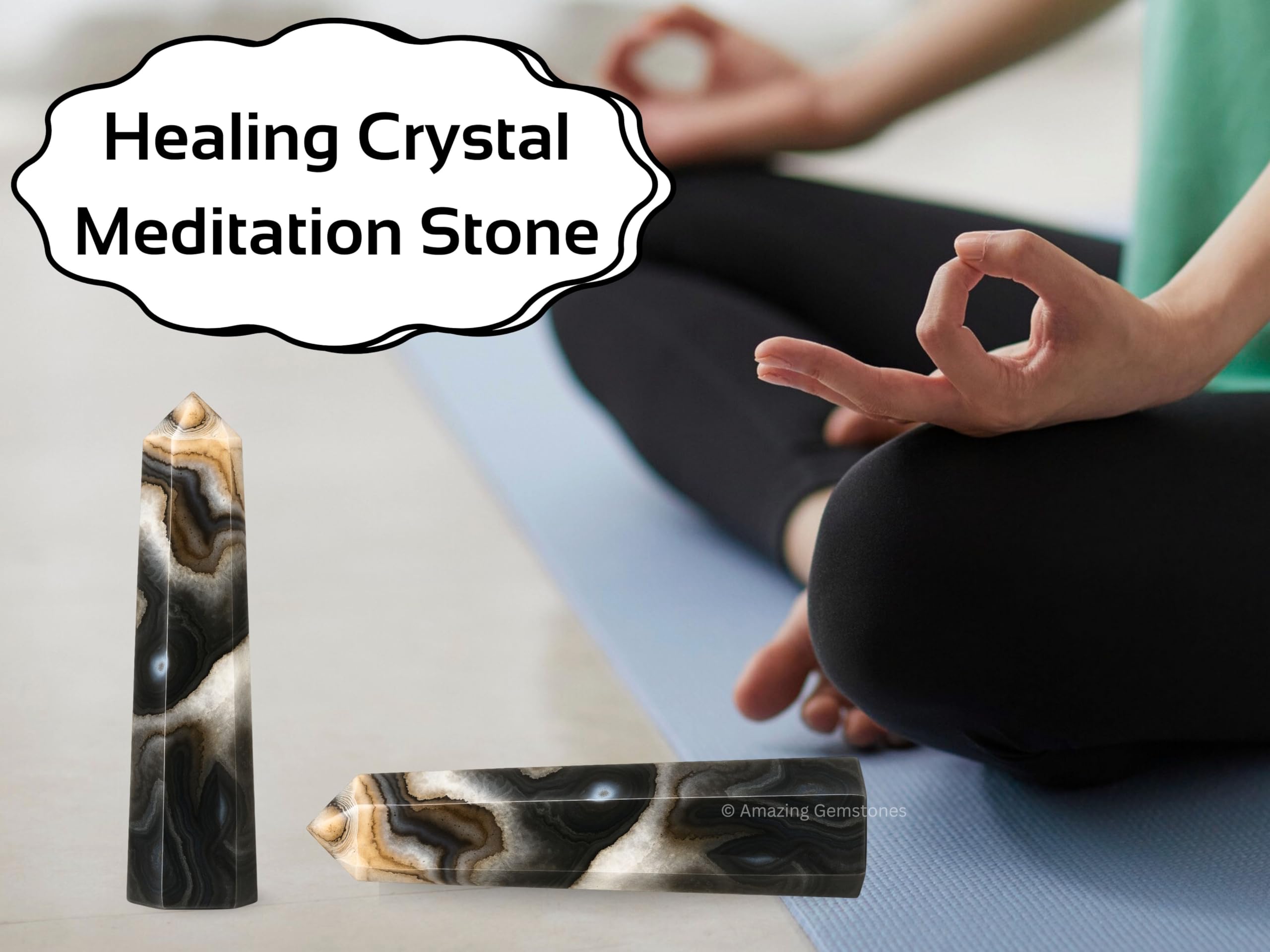 Amazing Gemstone pointe cristal Onyx noir – soutien lors de la méditation et respiration