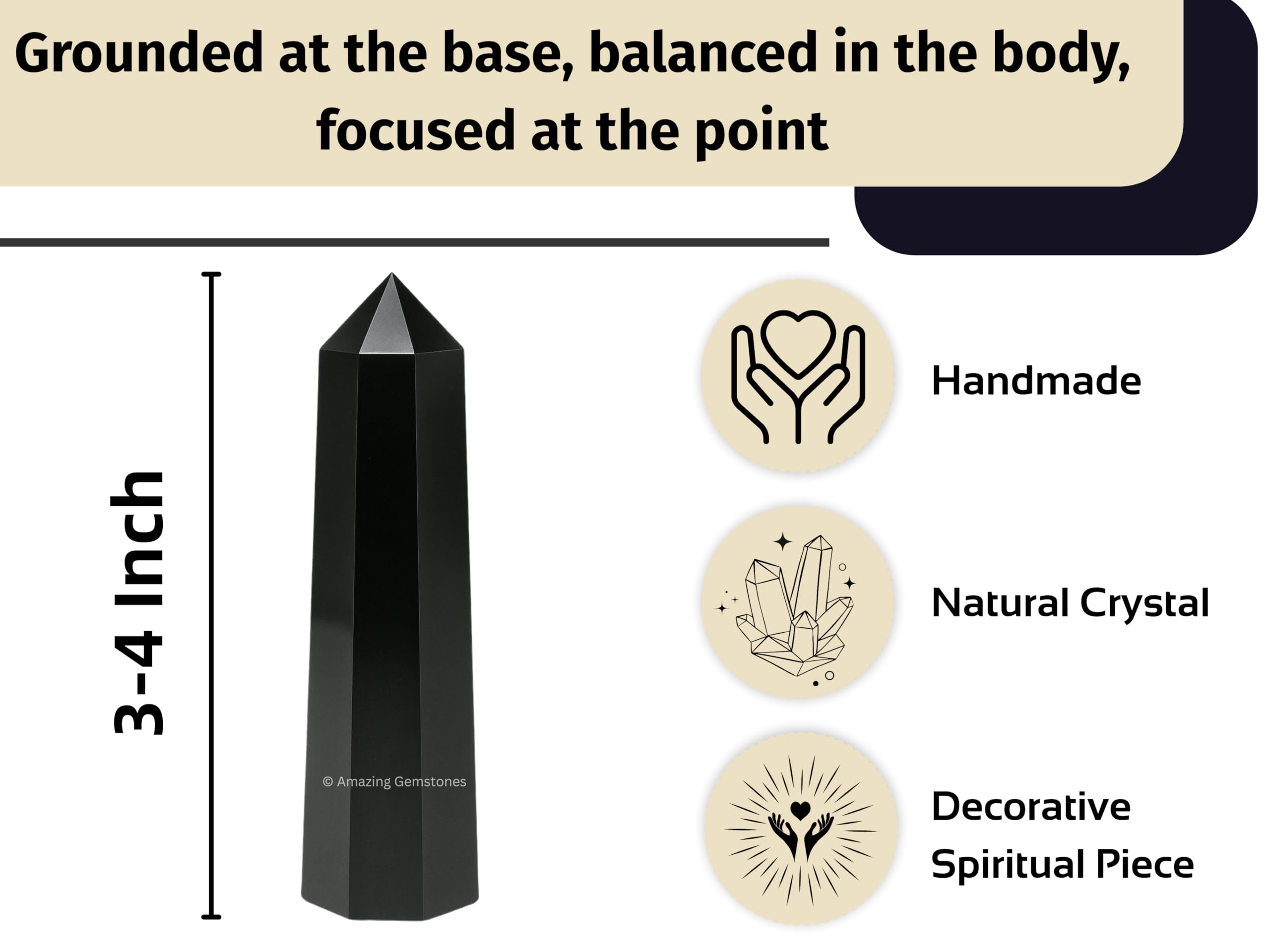 Amazing Gemstone méditation-obélisque noir, énergie apaisante pour détente et concentration.