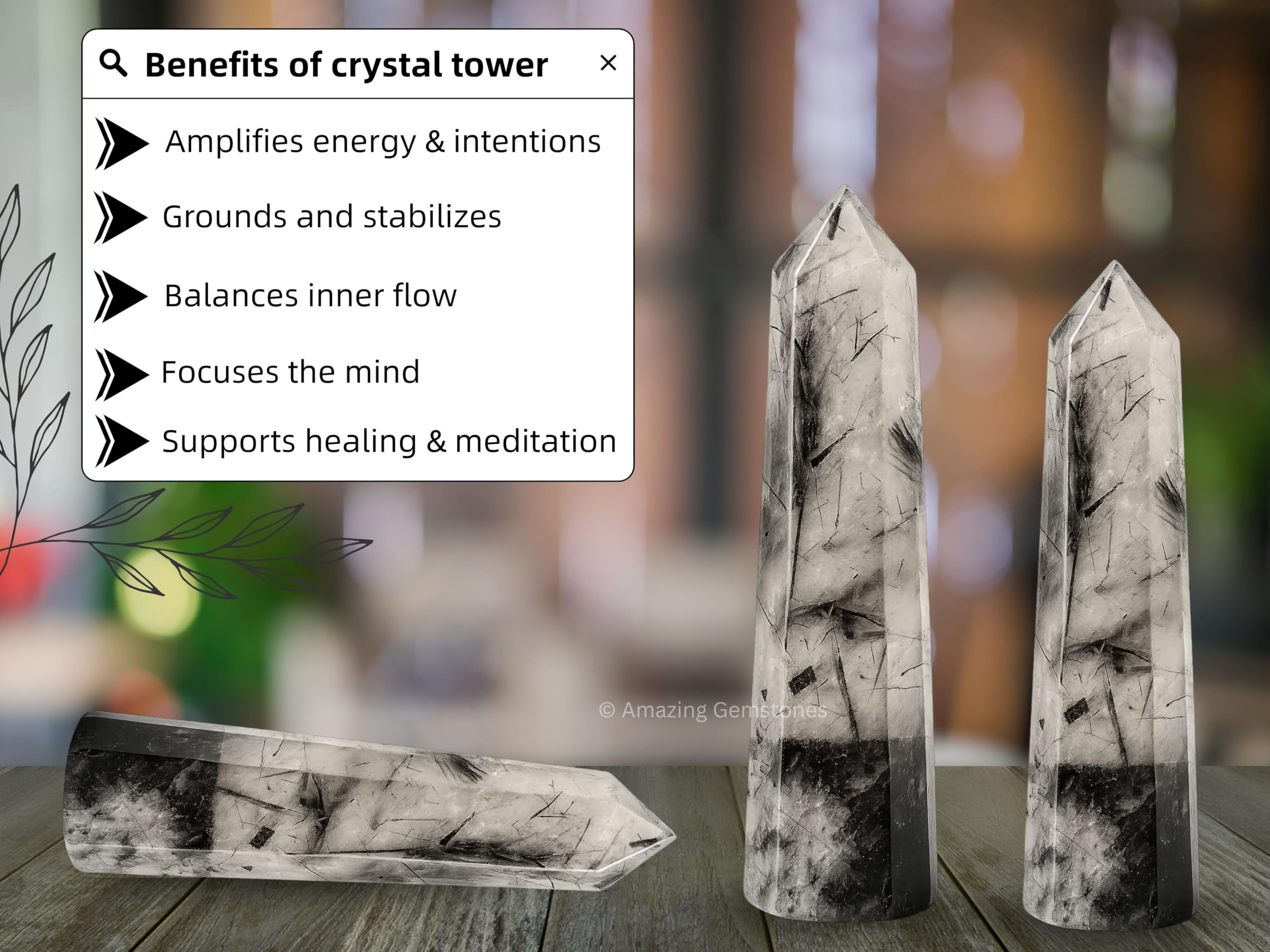 Méditation avec pointe quartz noir rutilé d'Amazing Gemstone pour concentration et calme.
