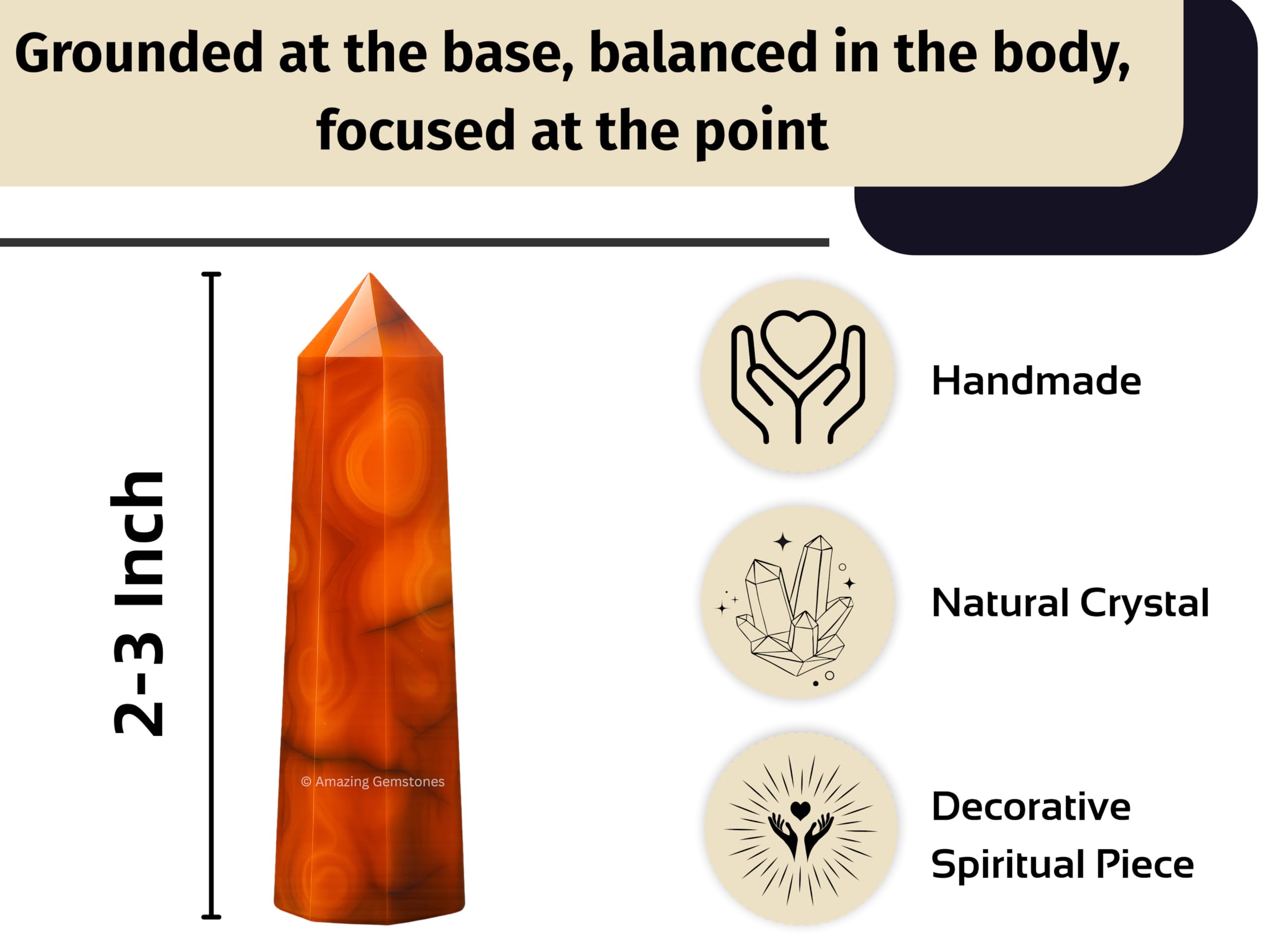 Amazing Gemstone obélisque cornaline - purification de l’énergie ambiante et réduction du stress