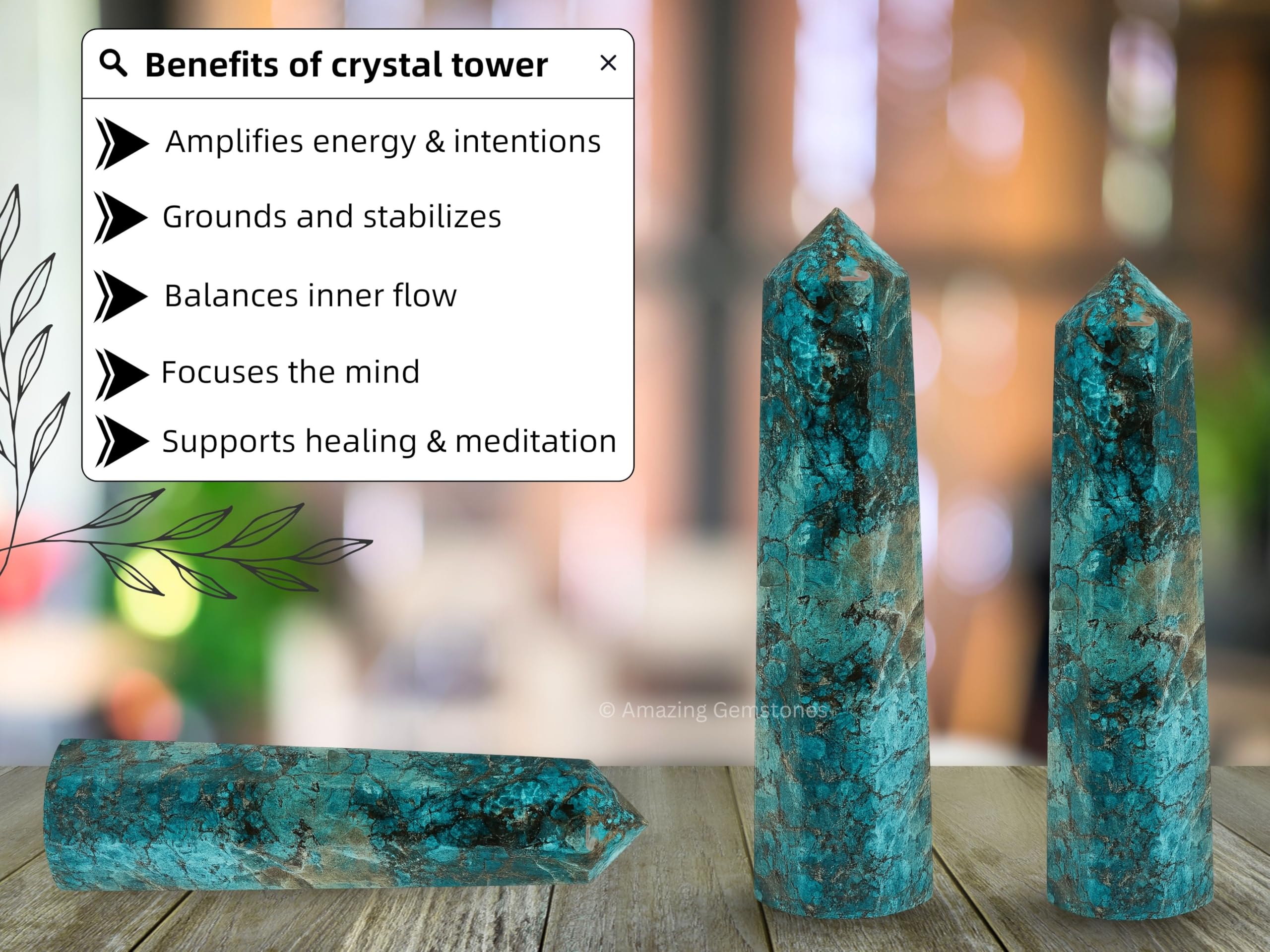 Amazing Gemstone: obélisque cristal Chrysocolla-Shattuckite, soutien à l'équilibre mental et émotionnel.