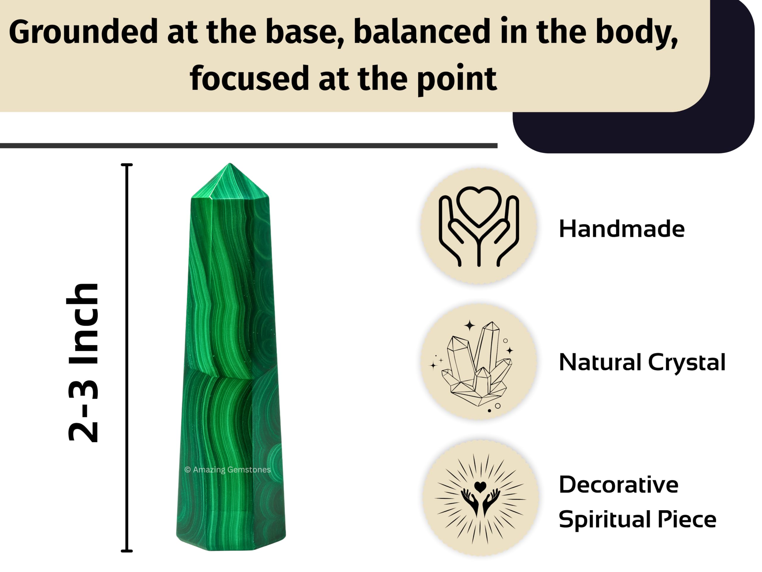 Amazing Gemstone Obelisque Malachite, amplification d energie pour equilibre mental et emotionnel.