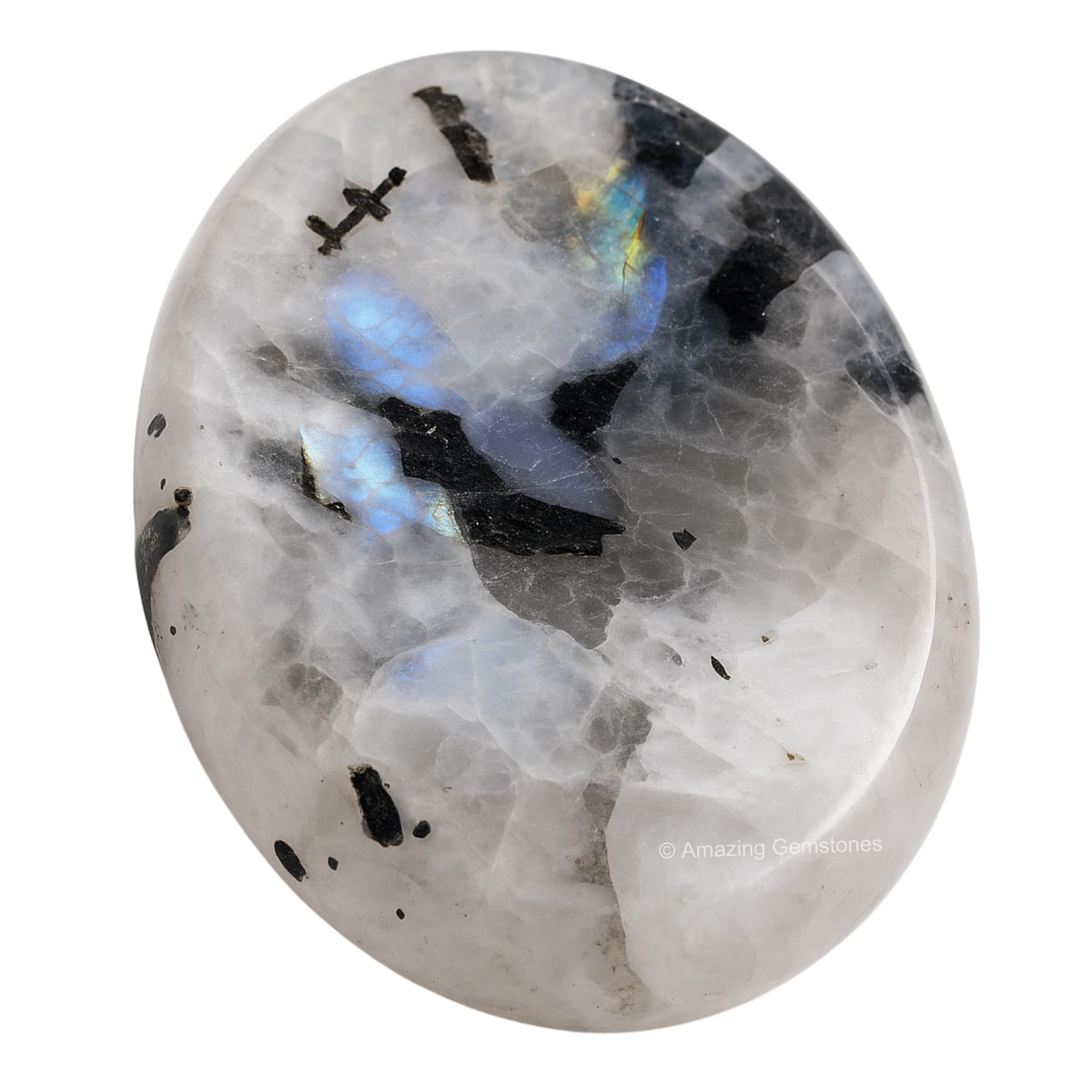 Amazing Gemstone – Main en méditation tenant la pierre lune arc-en-ciel, aide à recentrer l'esprit.