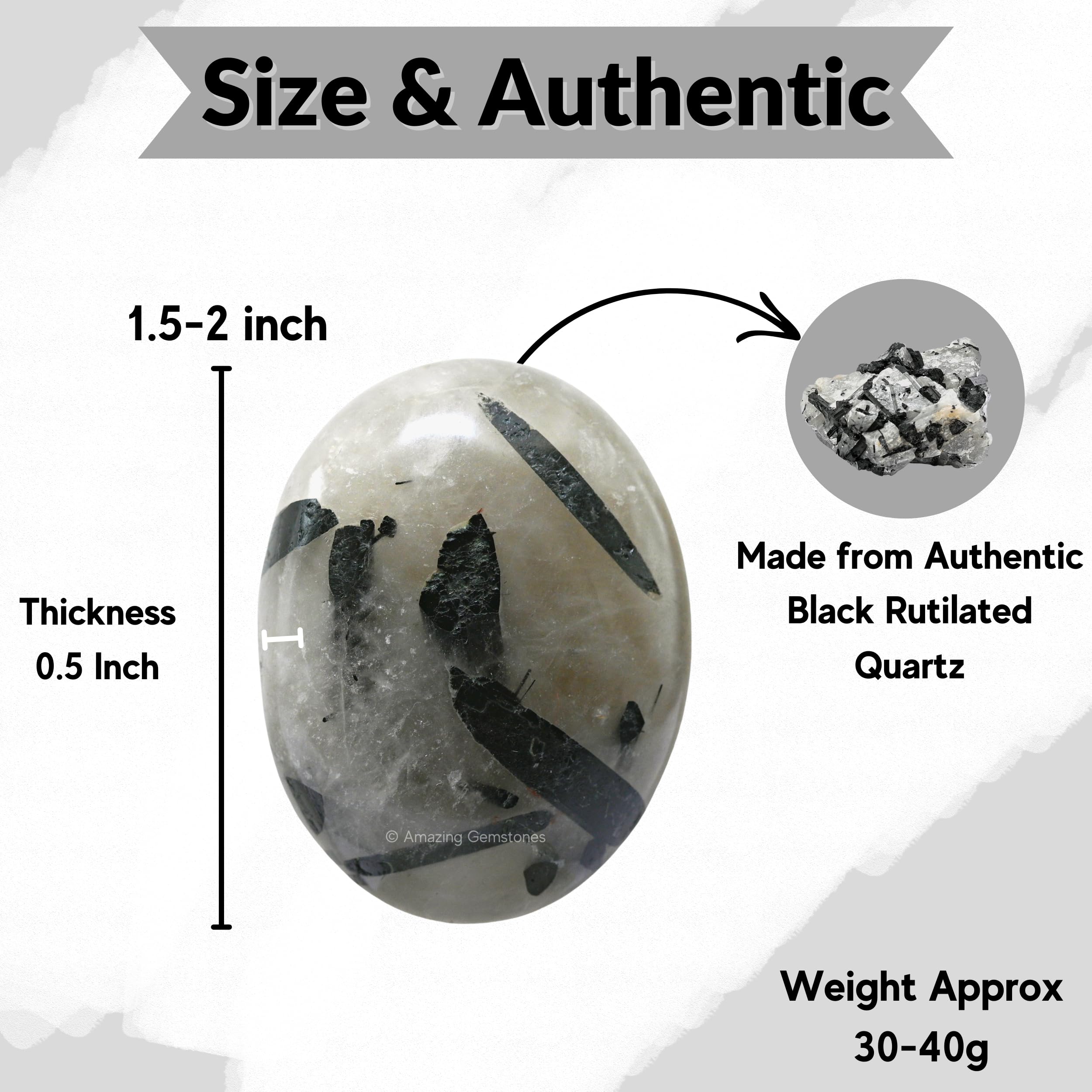 Amazing Gemstone – pierre palmaire quartz noir rutile, tactile et esthétique sur un bureau.