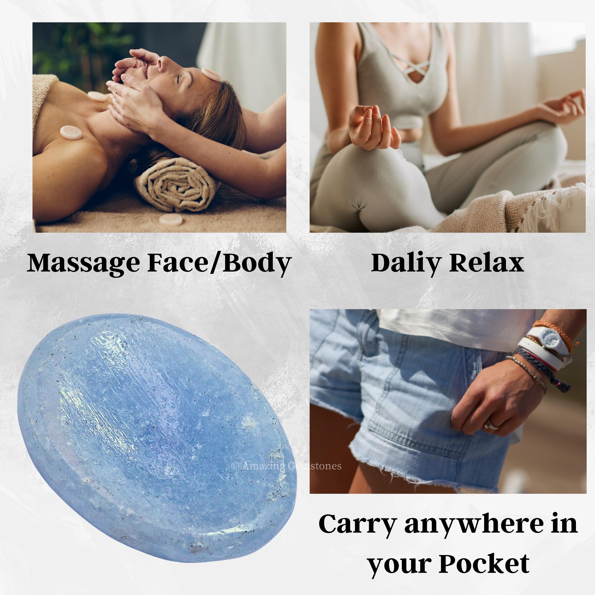 Amazing Gemstone – pierre zen bleue calcite, présence apaisante pendant les exercices respiratoires.