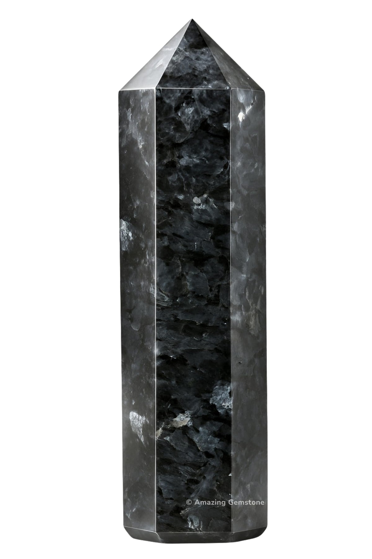 Amazing Gemstone pointe larvikite pour purification d'énergie et revitalisation d'un espace.
