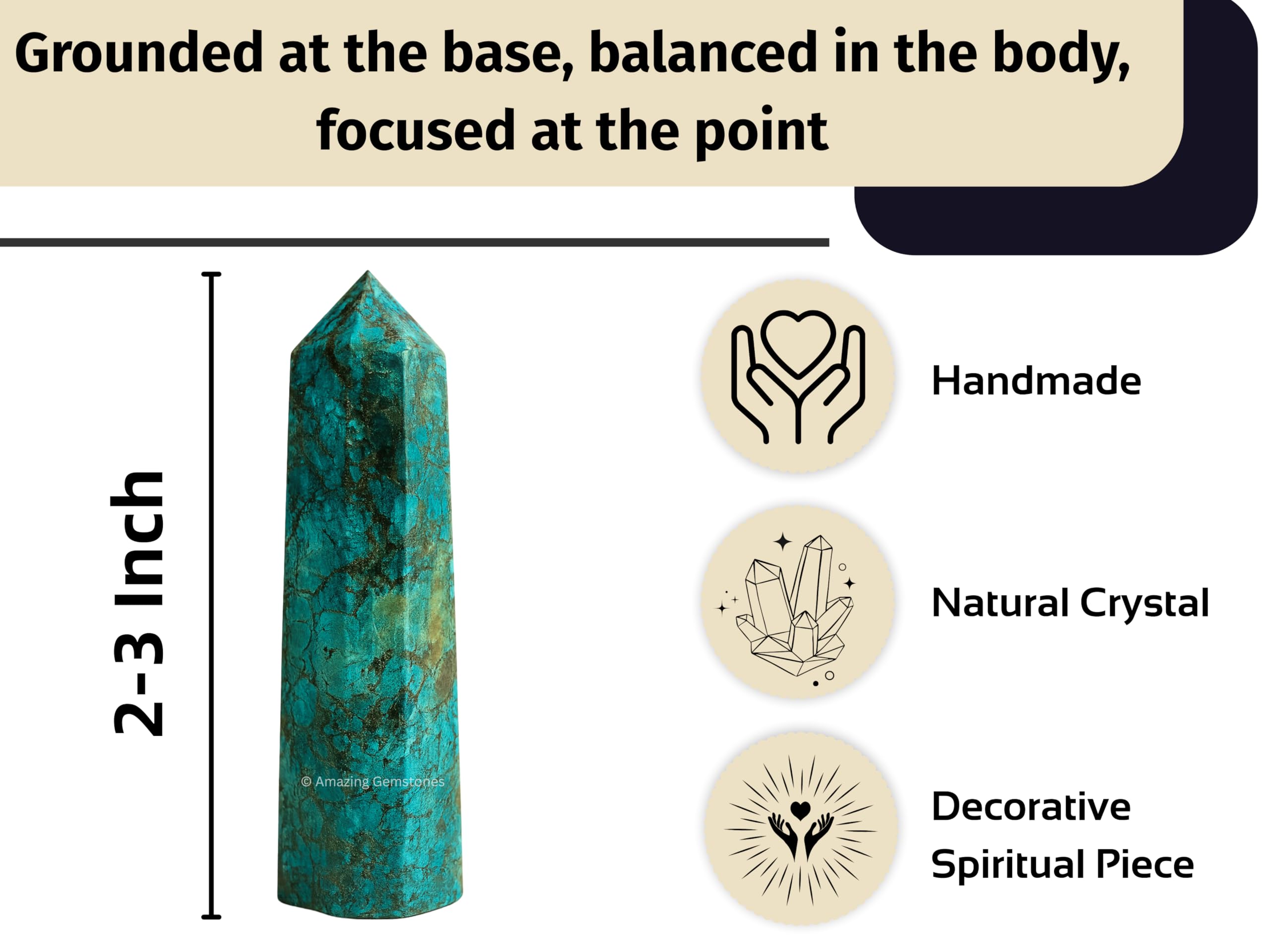 Amazing Gemstone: pointe cristal Chrysocolla-Shattuckite, focalisation d'énergie pour méditation et stress.